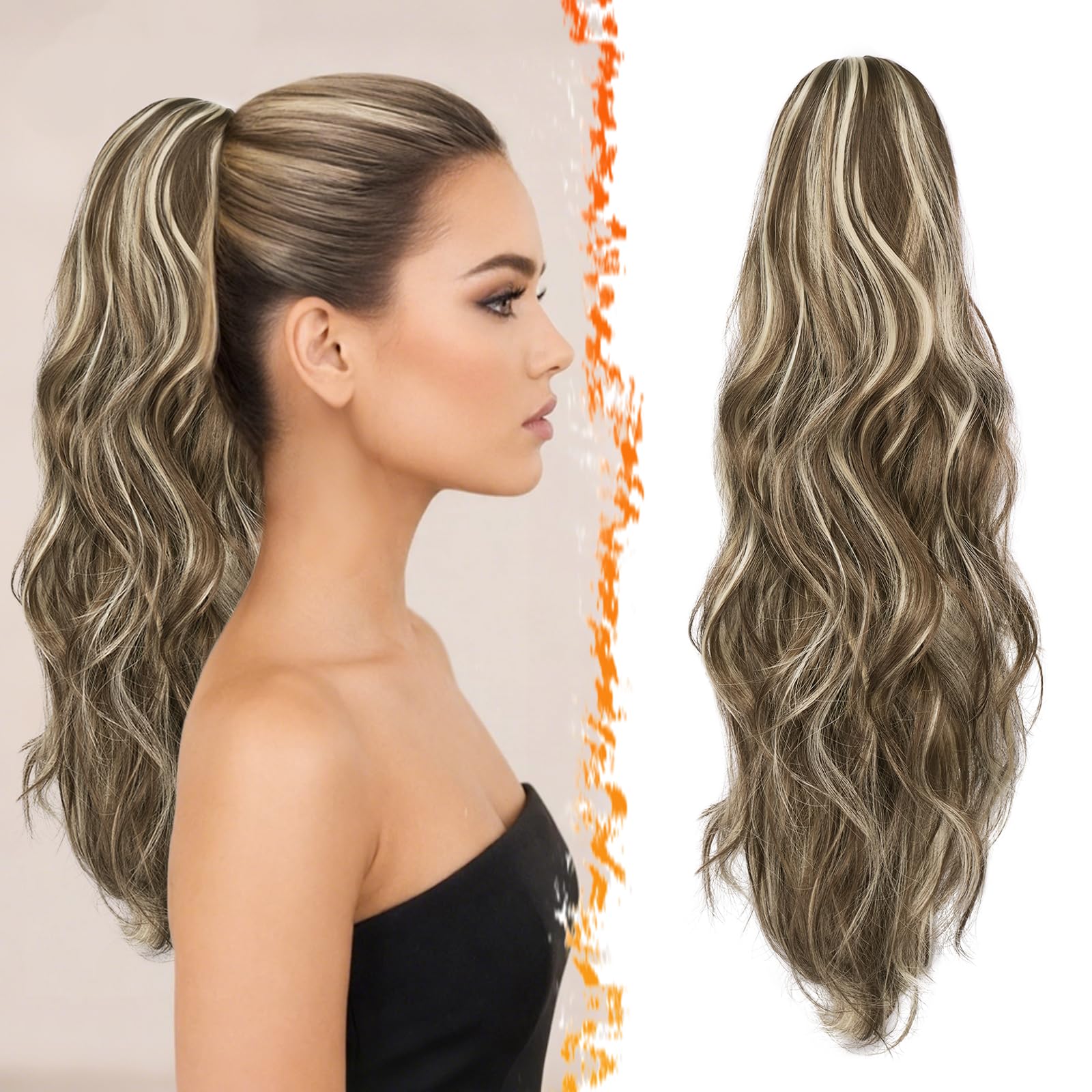 Photo 1 of BARSDAR 20 Inch Claw Clip Synthetic Brown Blonde Wavy Ponytail Extension