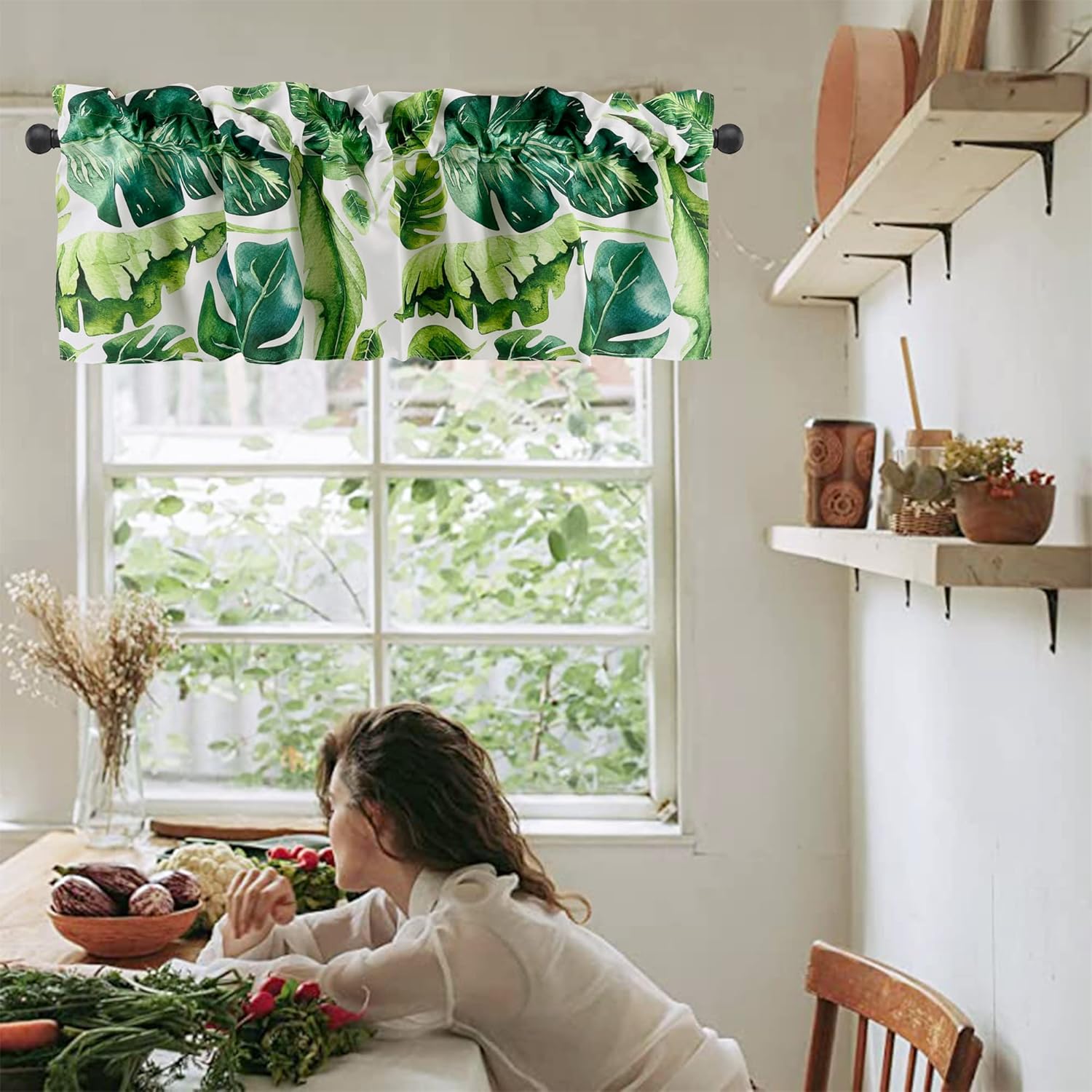Green Monstera Leaves Kitchen Valances for Windows Tropical Plant Rod Pocket 52"x18" Curtain Valances for Cafe Living Room Bath Room 2 Panels
