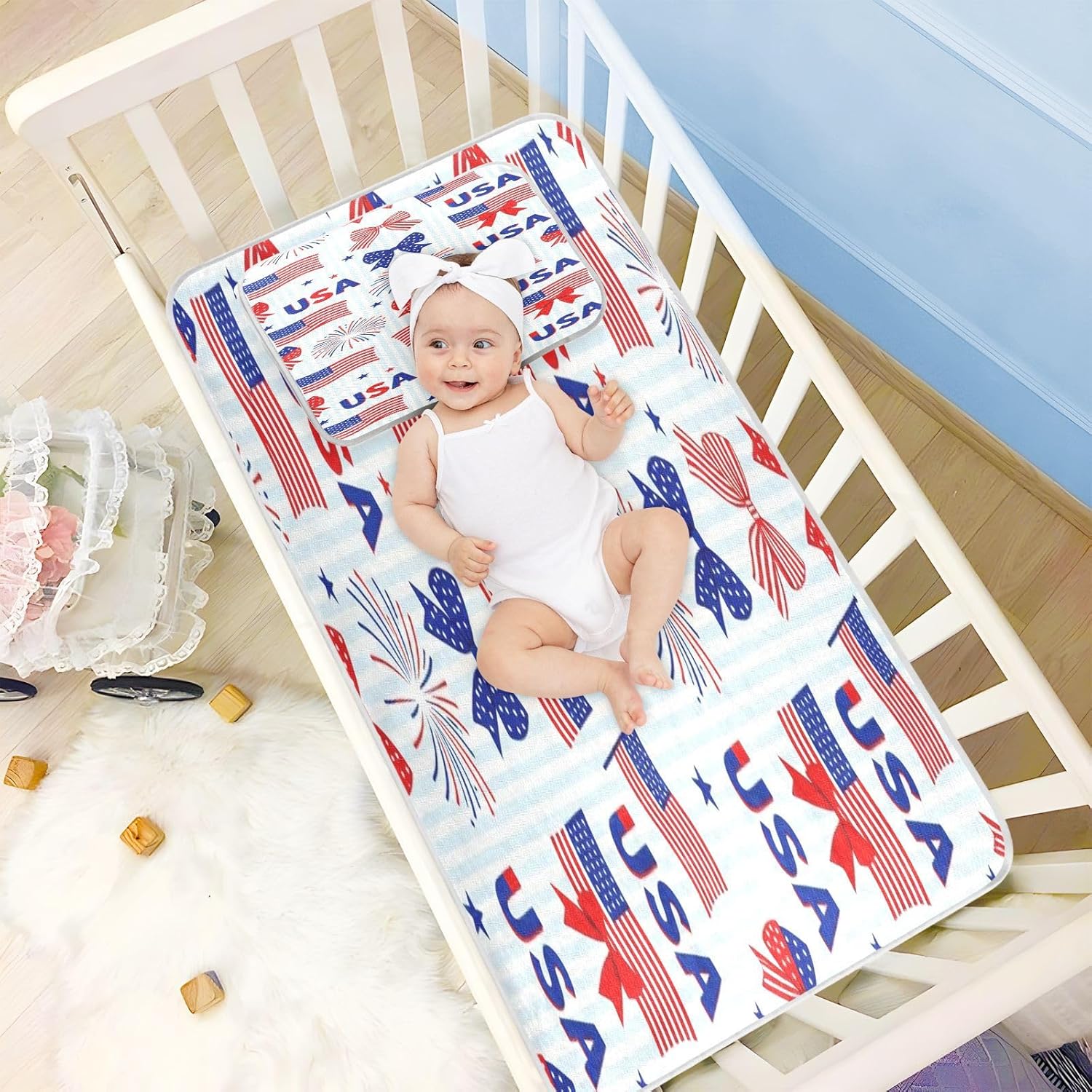 Cooling Baby Mattress Protector Pads 28" x 52" Reusable Patriotic Bows 4th of July Bed Pads for Kids, Adult