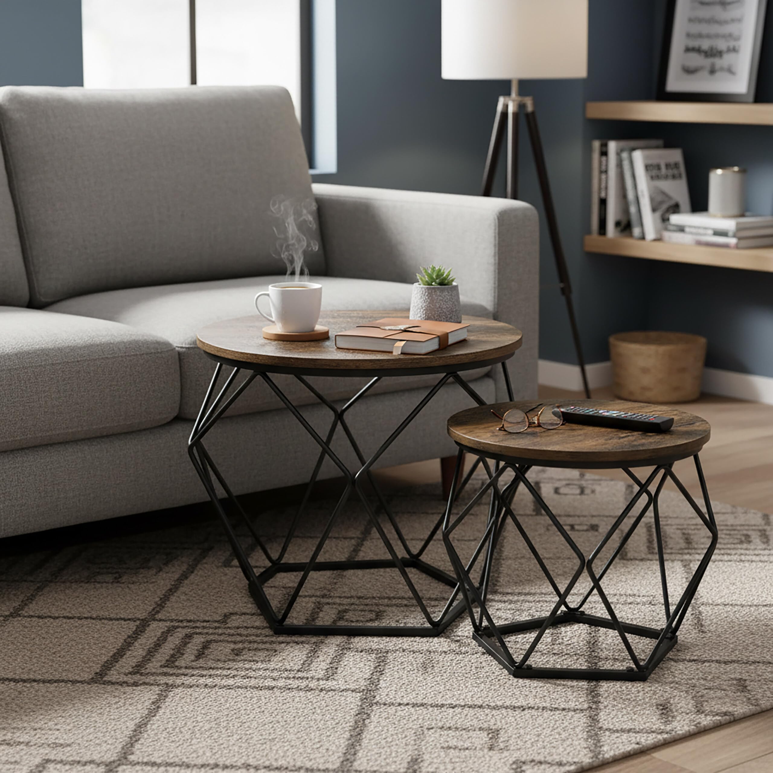 Relaxdays Couchtisch, 2er Set, Holzoptik & Metall, Industrial-Design, runde Beistelltische, Wohnzimmer, braun/schwarz