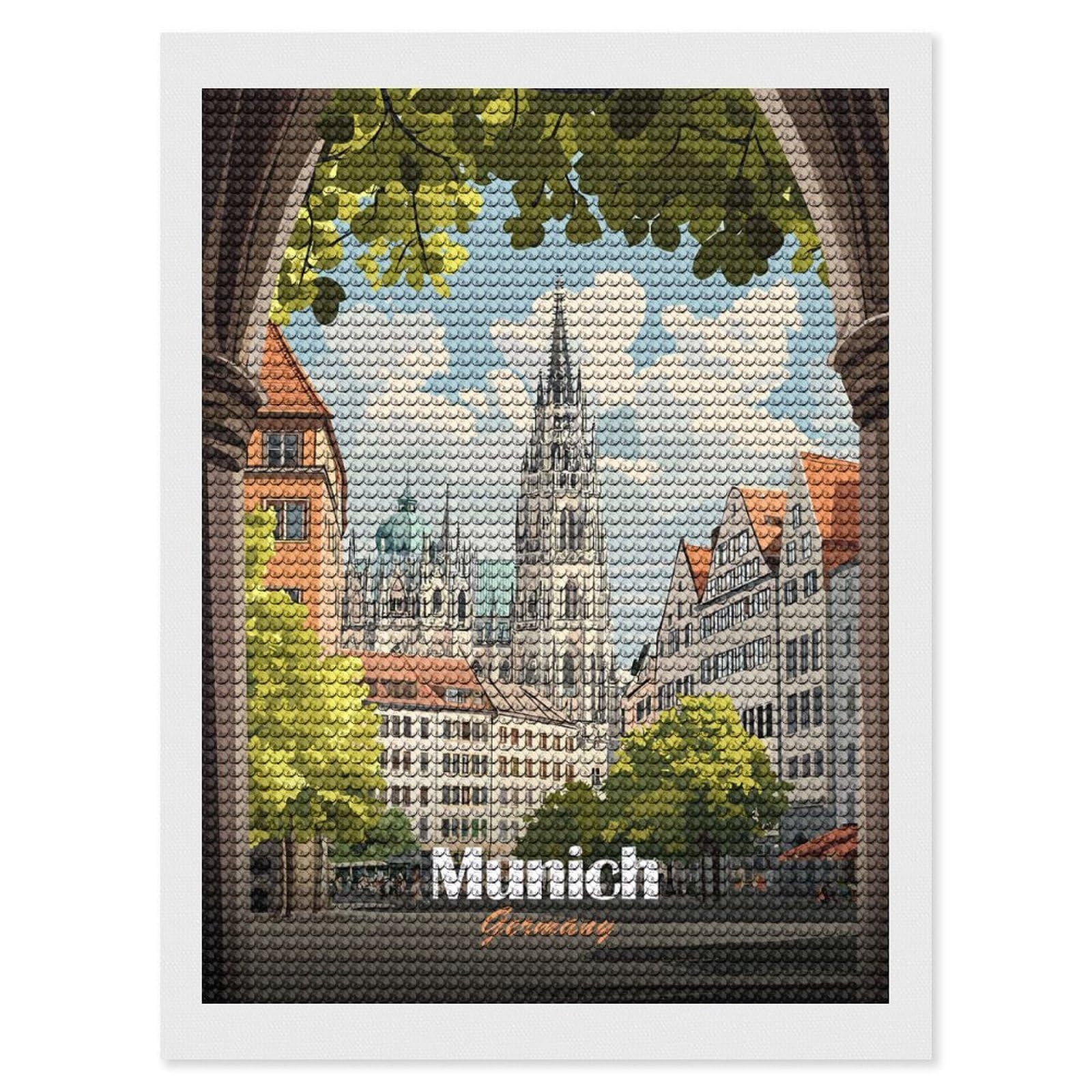 Junmoney Munich, Germany Travel Diamond Painting Canvas Set 12"x16", Full Kit Included, Calming Craft to Unwind, Farmhouse Decor, Christmas Gift