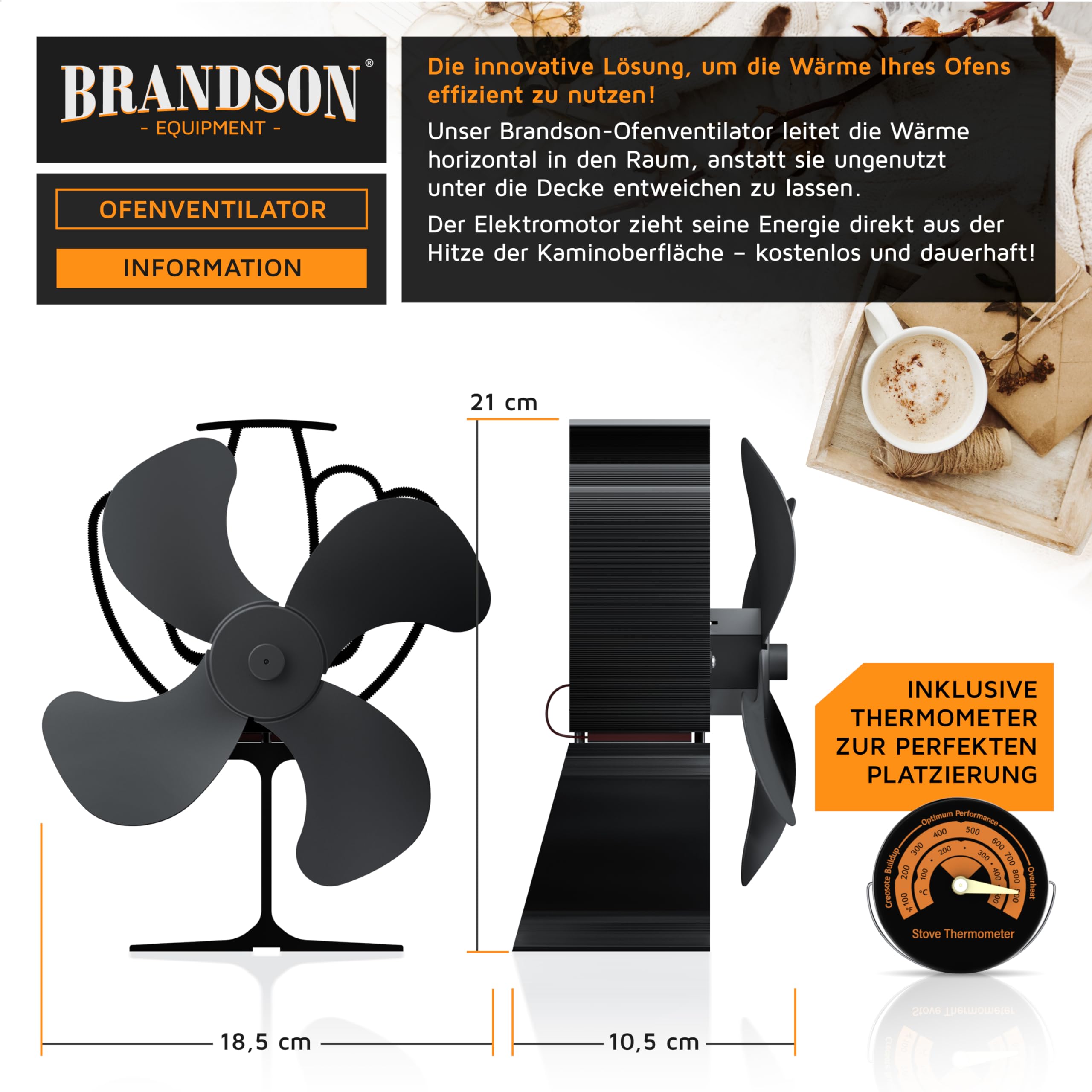 Brandson - wärmebetriebener Kaminventilator - Ofenventilator - Lüfter für Kaminöfen Holzöfen Öfen - 4 Flügel Rotorblätter – Rotordurchmessser 180mm – Wärmeverteiler ohne Strom – schwarz