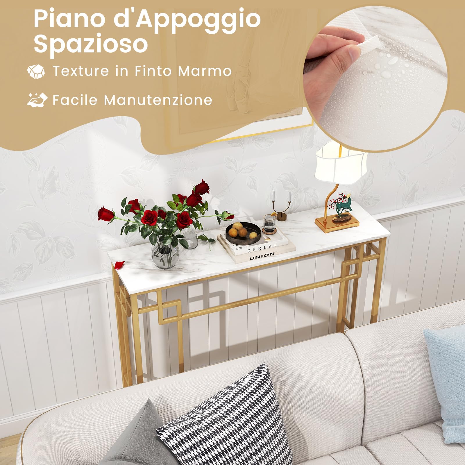 COSTWAY Tavolo Consolle con Cornice Geometrica Dorata 110 x 30 x 81 cm