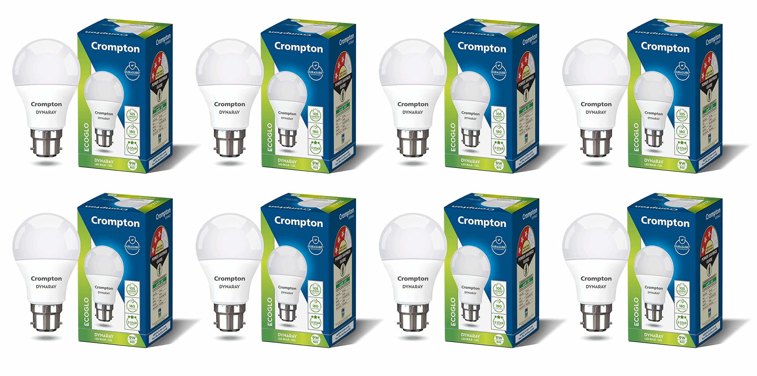 Crompton Dyna Ray LED Bulb | 9W | Cool Day Light | B22 Base | 180 Degree Coverage | 4kV Surge Protection | 440V High Voltage Protection | Pack of 8