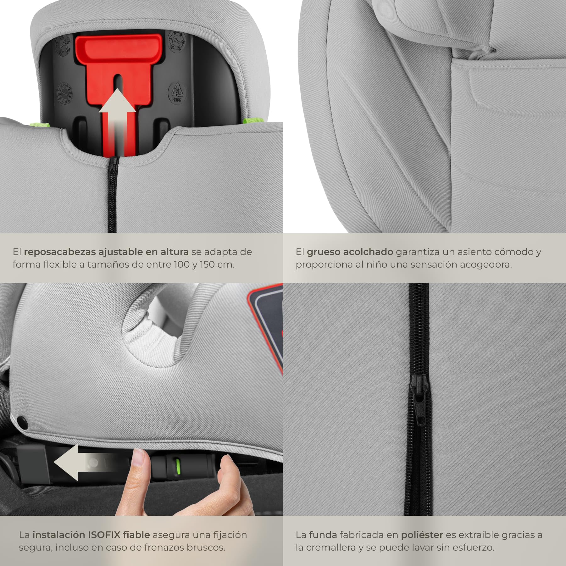 tectake® Silla de Coche Infantil, Homologada i-Size ECE R129, Con ISOFIX, Cinturón de 3 Correas, Reposacabezas Regulable, Acolchado Extragrueso, Hatsa 36 Kg, Funda Extraíble, 100-150 cm - gris claro