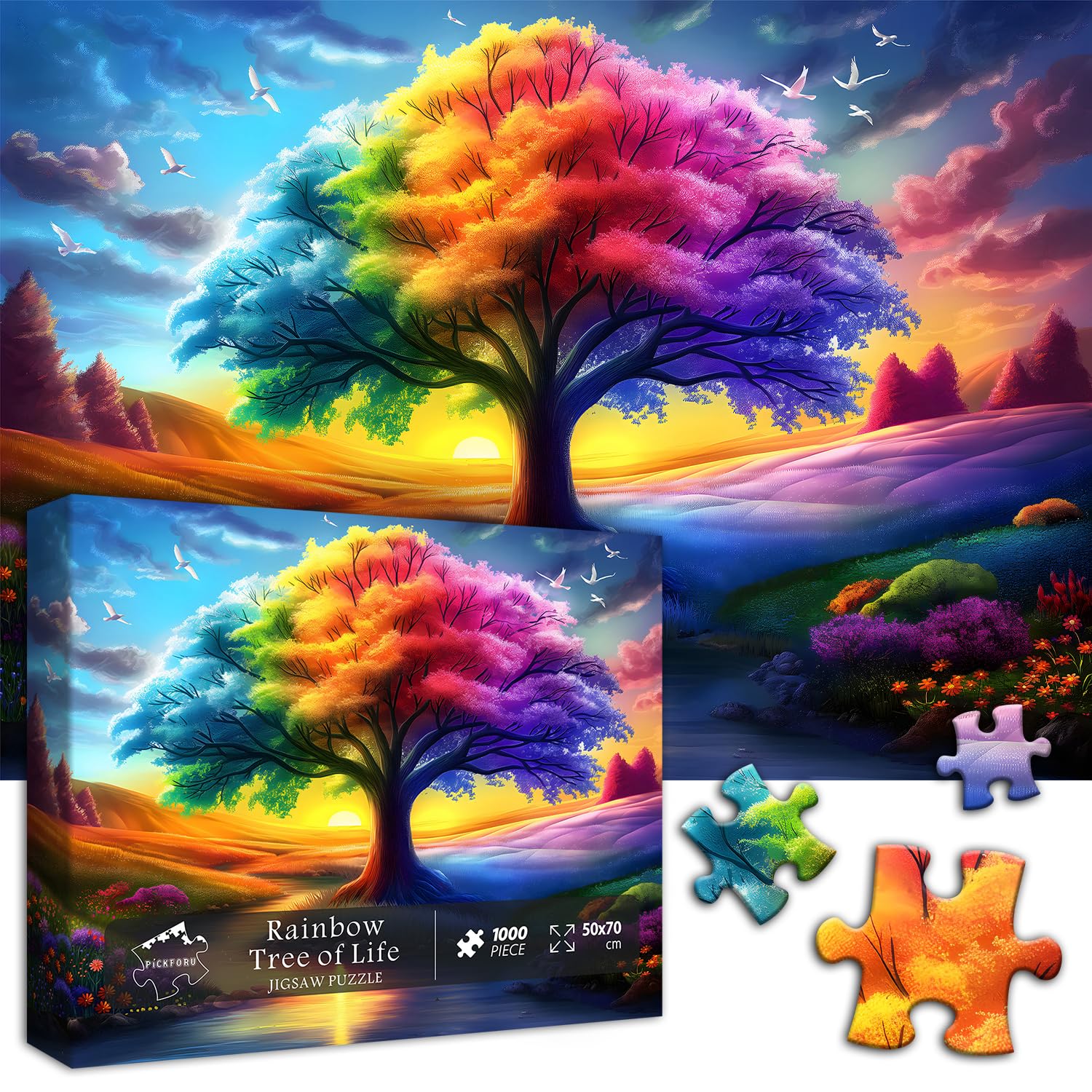 Rainbow Tree of Life Puzzles for Adults 1000 Pieces, Colorful Landscape Gradient Jigsaw Puzzle, Tree Nature Puzzle Scenery - Image 2