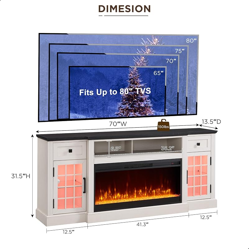 Farmhouse Fireplace TV Stand for 80Inch TV with Crystal Fireplace, White image 7