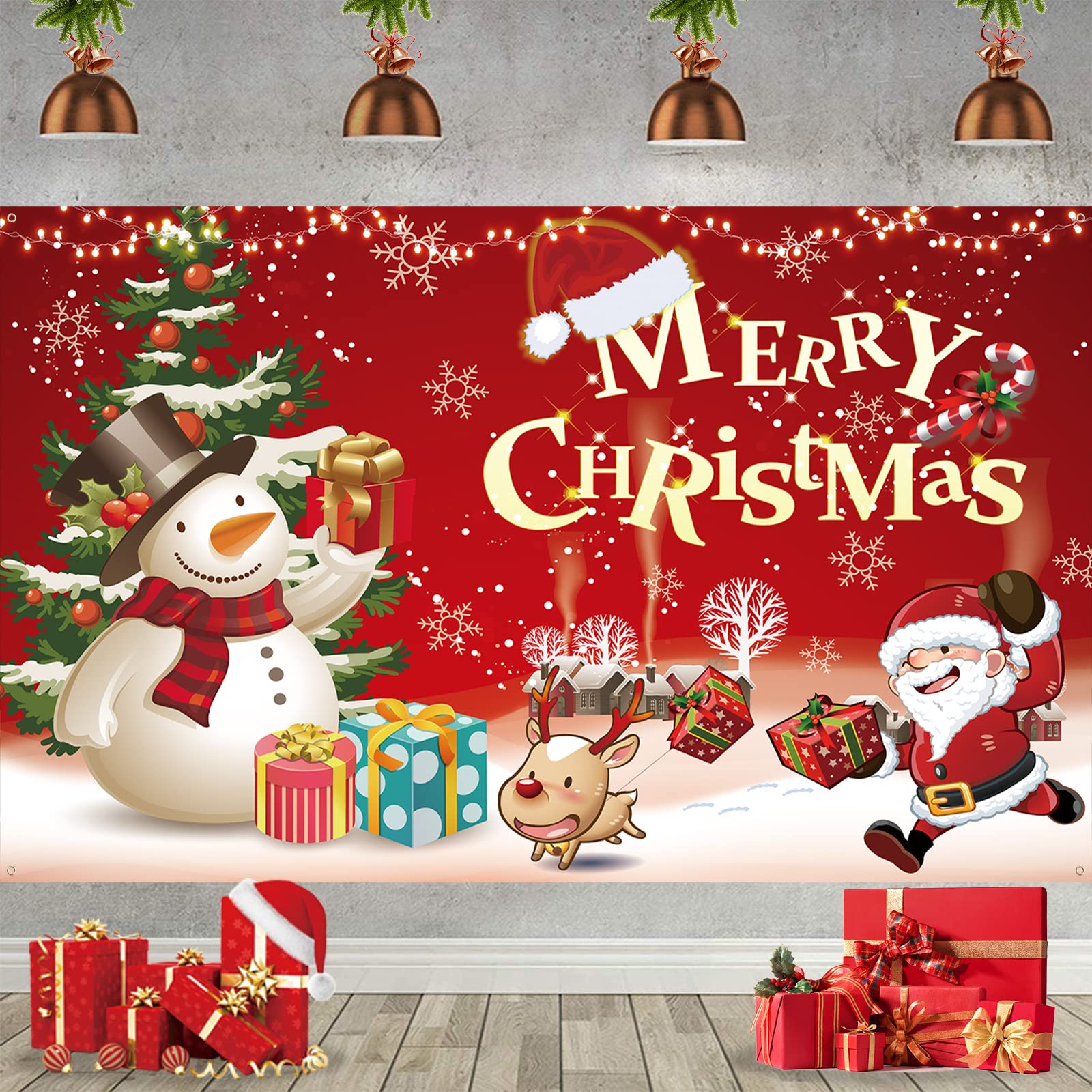 Christmas Banner Backdrop, Large Merry Christmas Banner Decoration, Red Santa Snowman Fabric Christmas Banner Photo Booth Sign Background Decor, Xmas Hanging Banner for Indoor Outdoor Party Supplies