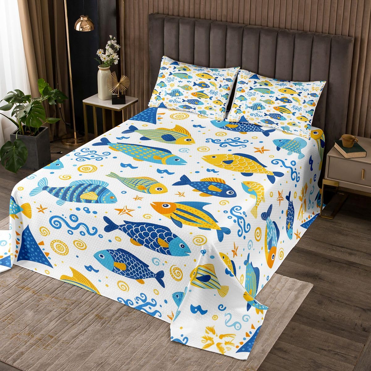 Edredón de peces individual Homewish con temática de océano y estampado marino acolchado