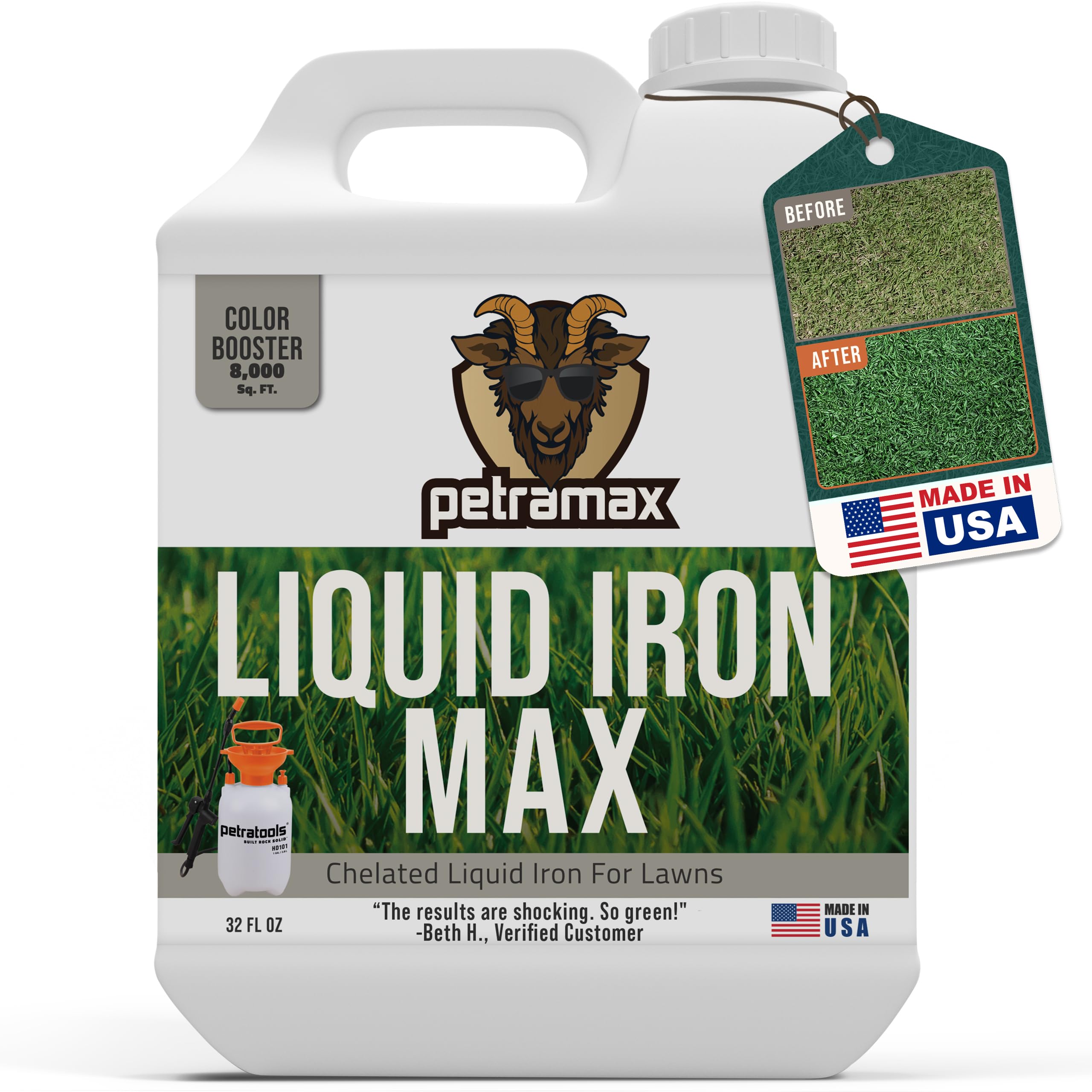 PetraTools Liquid Iron For Lawns - Chelated Iron, Liquid Iron for Plants, Liquid Lawn Fertilizer Concentrate Solutions, Chelated Iron for Plants, Lawn Iron Formula, EDTA-Free & Made In The USA (32 Oz)