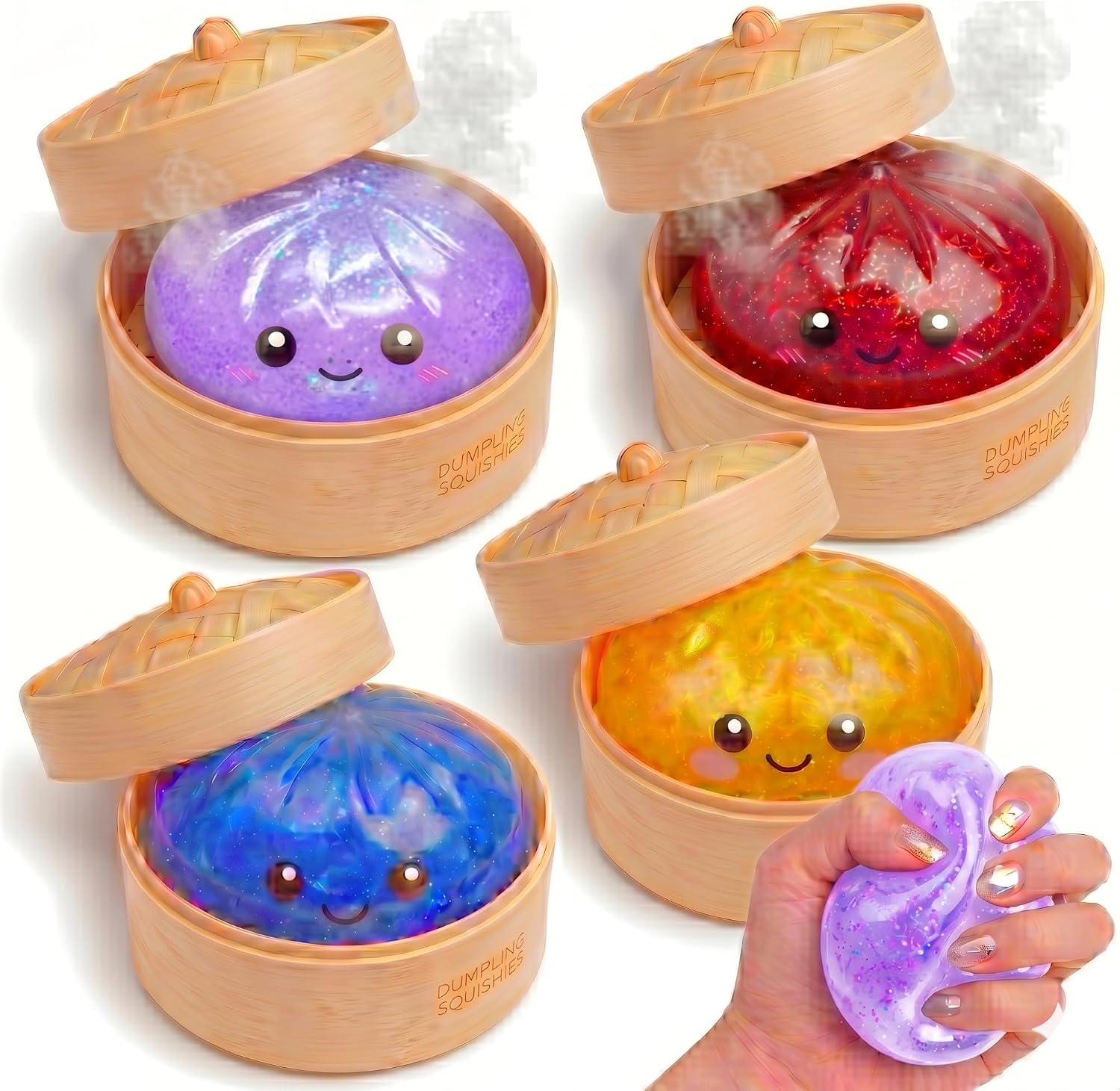 Glitter Dumpling Squishy Mystery Box 4 Pcs - 2026 Upgraded Dumplings Squishes for Adults Teens Squeeze Easter Basket Stuffers Smiling Purple Red Blue Gold