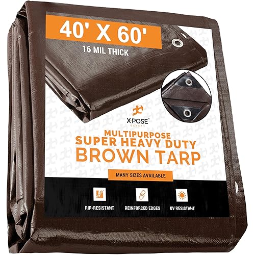 40' x 60' Super Heavy Duty 16 Mil Brown Poly Tarp Cover - Thick Waterproof, UV Resistant, Rip and Tear Proof Tarpaulin with Grommets and Reinforced Edges - by Xpose Safety