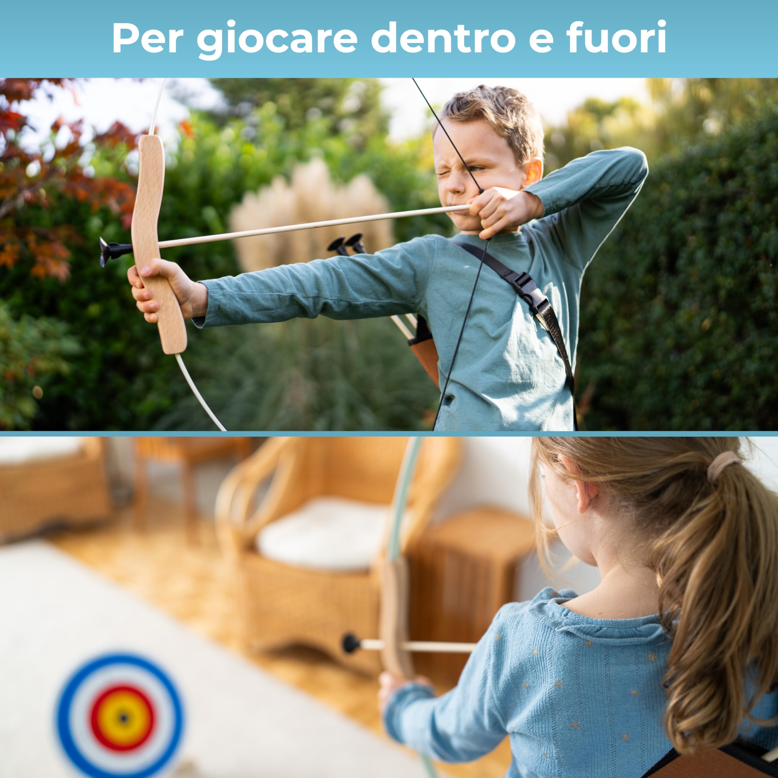 BOWRILLA® Arco e Frecce per Bambini in Legno - Gioco Bambino 5 Anni e più con 10 Frecce, Faretra, 3 Bersagli e Borsa