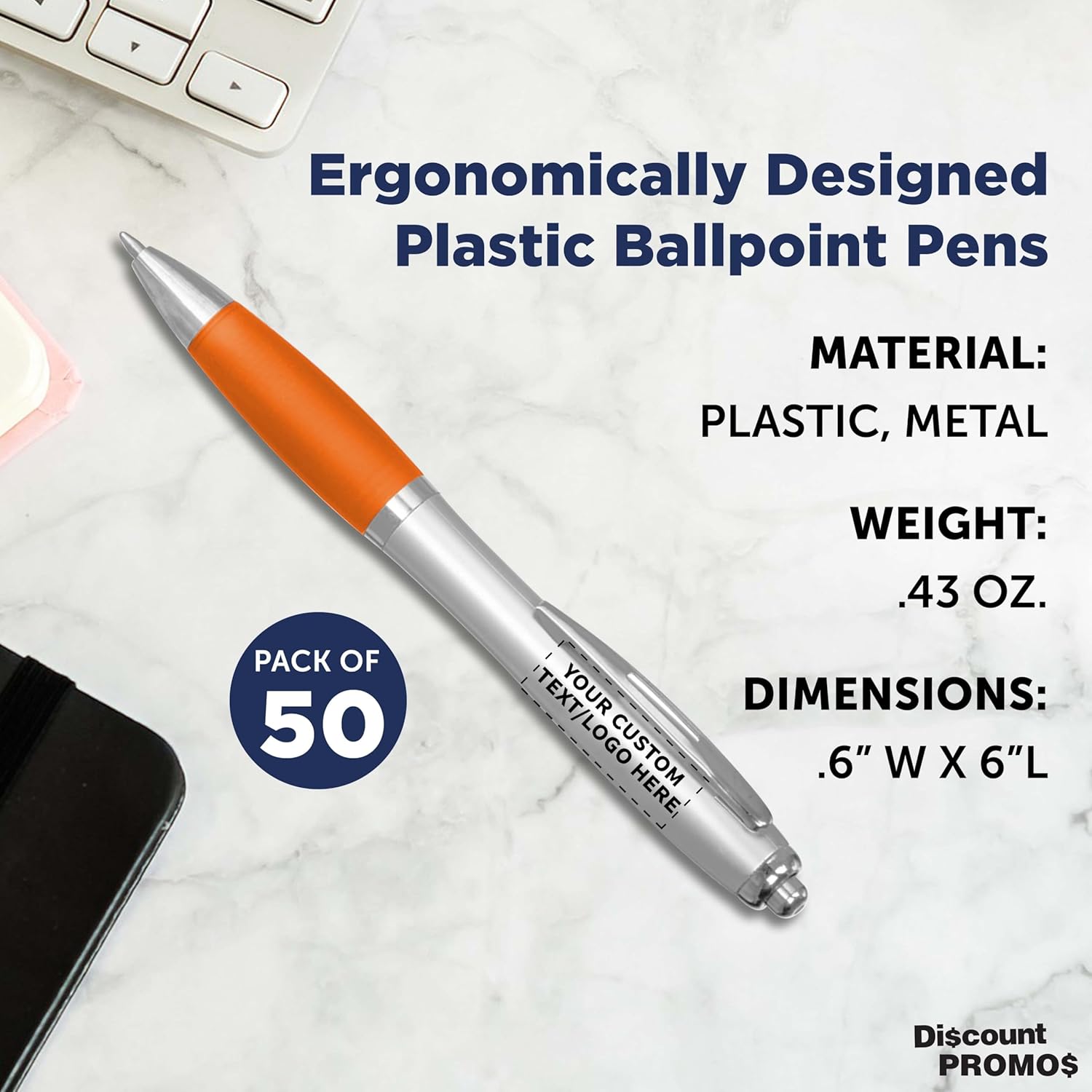Personalized Ballpoint Pens with Rubber Grip and Click Button, Pack of 50 by DISCOUNT PROMOS - Ergonomic Design, Ideal for Office & Trade Shows – Orange