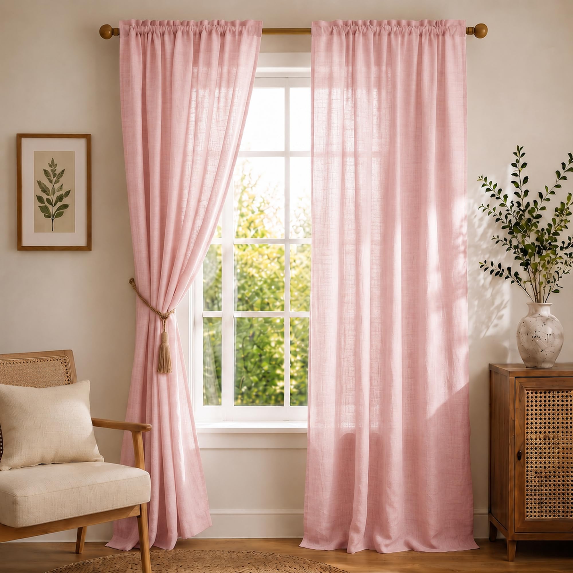 HOMEMONDE Cotton Sheer Curtains with Rod Pocket Set of 2 - Living Room, Office Decoration, 5 Feet, Baby Pink - Solid