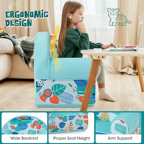 Miniatura 4 de HONEY JOY Sofá para niños pequeños, cómoda silla para niños con bonito patrón, muebles de sala de juegos para niños con funda de terciopelo y espuma