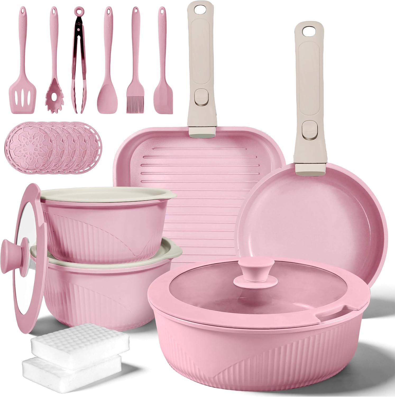 24-Piece Non-Stick Aluminum Cookware Set, Kitchen Collection with Glass Lids, Stackable Storage, PFOA-Free, 8-inch Skillet, Plastic Handle, Hand Wash Recommended (PINK)