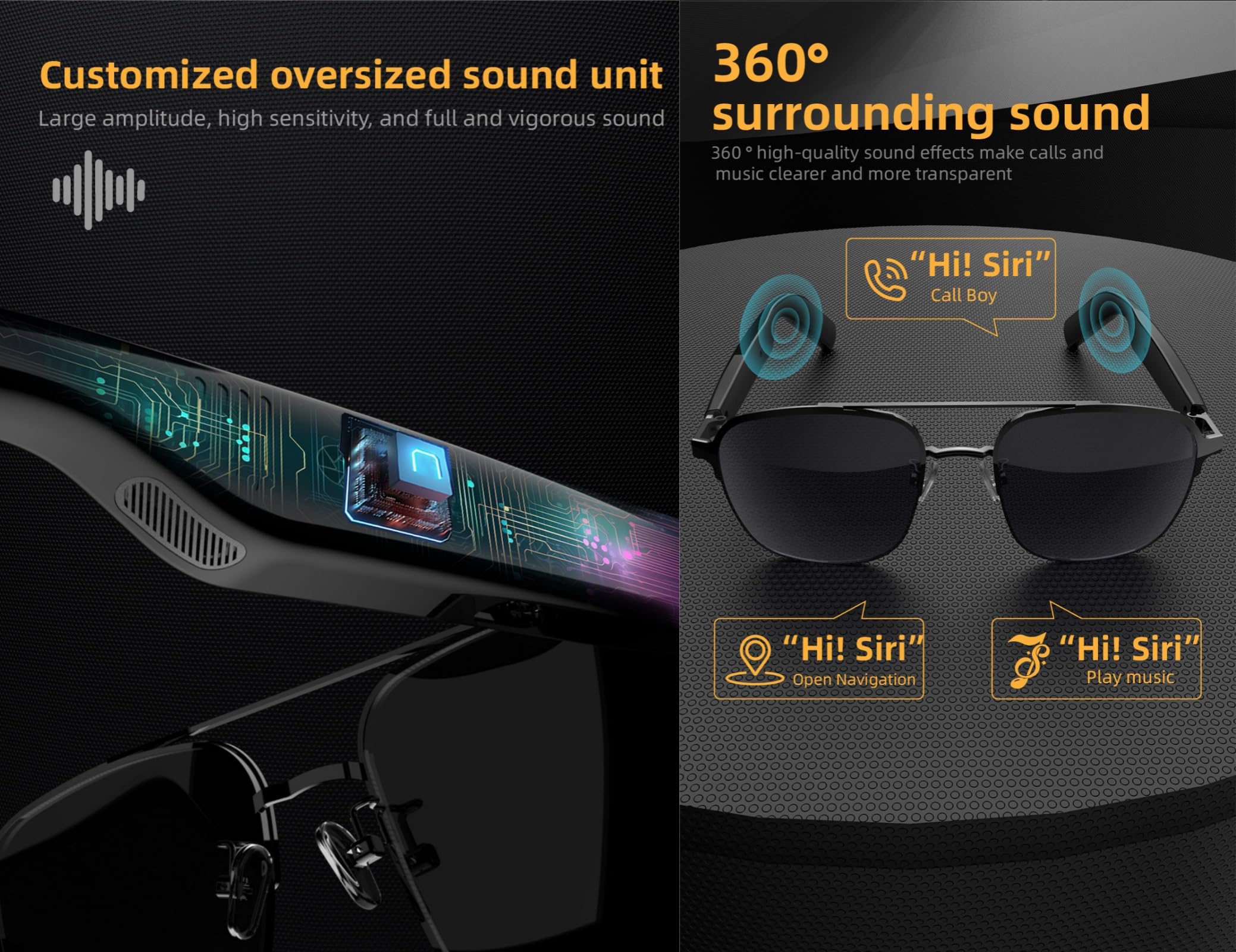 Lunettes de Soleil Audio sans Fil Intelligentes, 98% de Protection Contre Les UV et la Lumière Forte, IPX4 Waterproof, Haut-parleurs HD Stéréo pour la Musique/Les Appels/Les Jeux