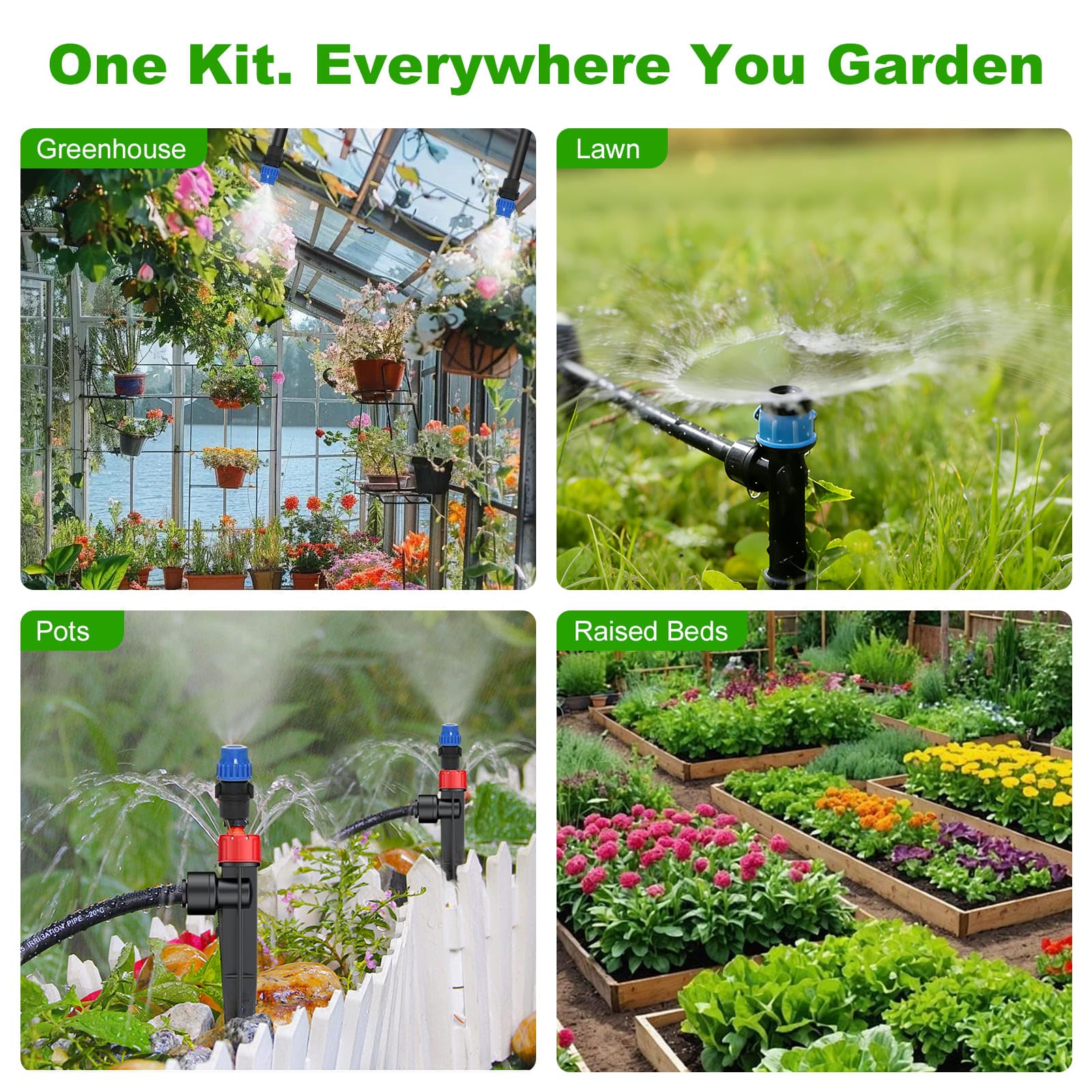 Kit di irrigazione a goccia da 236 m, sistema automatico di irrigazione da giardino per serre, cortile, prato, piante con tubo da 5/16" e tubo di distribuzione da 1/4" e accessori