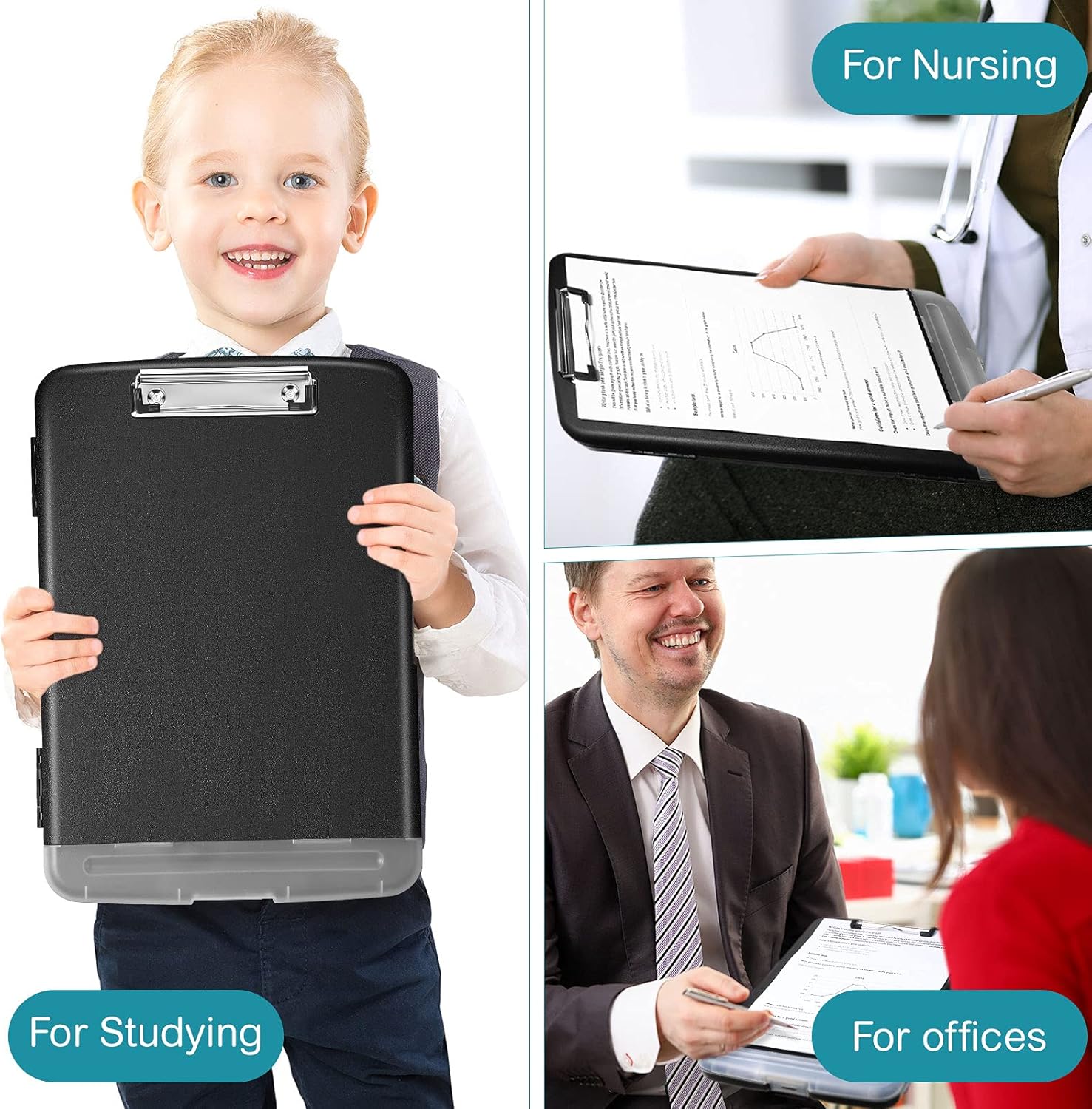 Epakh 4 Pcs Clipboard with Storage Plastic Nursing Clipboard with Pen Holder Folder Side Opening Storage with Low Profile Clip