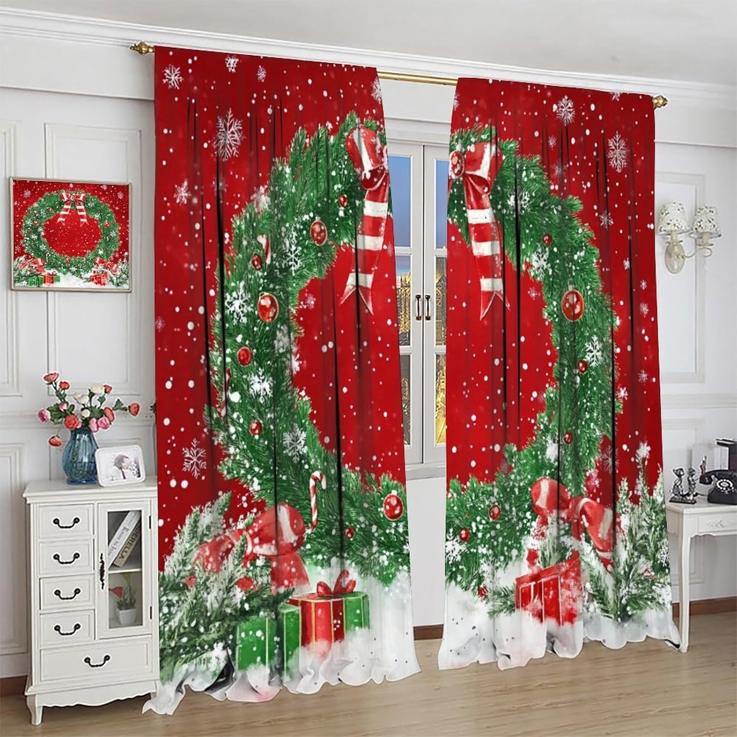 Merry Christmas Curtains Red Background Green Christmas Wreath Snowflake Winter Christmas Festivals Atmosphere Window Treatment for Happy Festival Living Room Bedroom Home Decor Window Drapes 55"W X 6