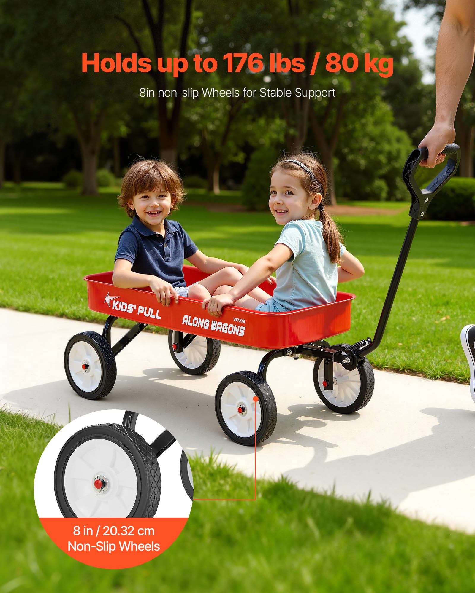 VEVOR Chariot à Tirer Enfants 101 cm Chariot Tout-Terrain Tout-Petits Métal, Charge 80 kg, pour Cadeau d'anniversaire Enfants, Jardinage, Plage, Camping, Aventures en Plein Air, avec Poignée, Rouge