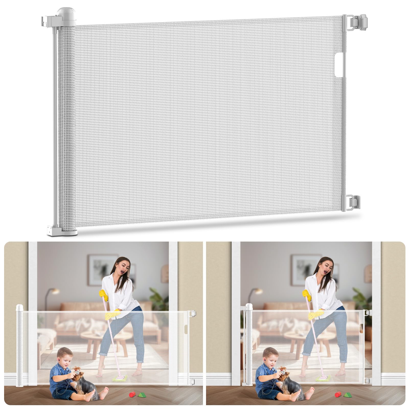 Kidsgiggliz Barrera Seguridad Niños Escalera, 180cm Puerta Seguridad Bebe Extensibles, Barrera para Perros Valla Seguridad Infantil Retráctil Vallas para Escaleras Pasillo, Interiore Exteriore Blanco