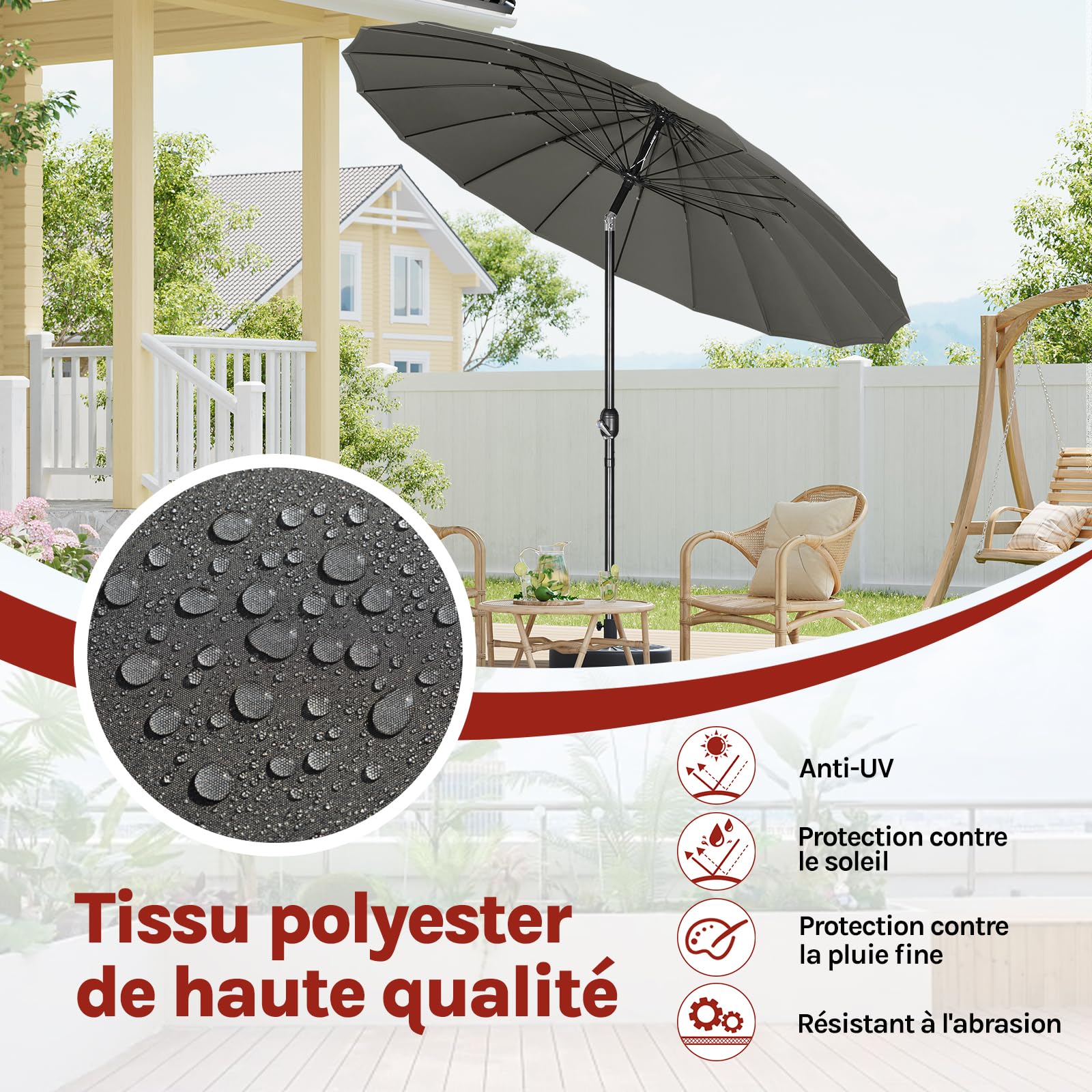 WOLTU Parasol de Jardin Rond ø 257/273 cm, Parasol Inclinable avec Manivelle, Parasol de Balcon avec 18 Baleines en Fibre de Verre, pour Balcon, Terrasse, Patio, Piscine, Gris Foncé
