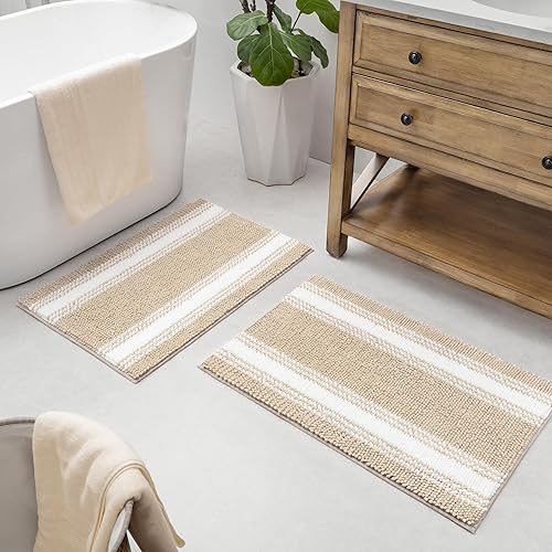GRANNY SAYS Juego de 2 alfombras de baño de felpilla ultra suaves, antideslizantes, absorbentes, beige y blanco, 20 x 3220 x 32 pulgadas, lavables a