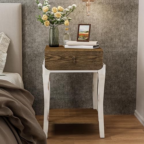 Miniatura 22 de COSIEST Mesa auxiliar redonda, mesa auxiliar de cristal con marco de madera, mesita de noche dorada champán con estilo moderno para sala de estar,