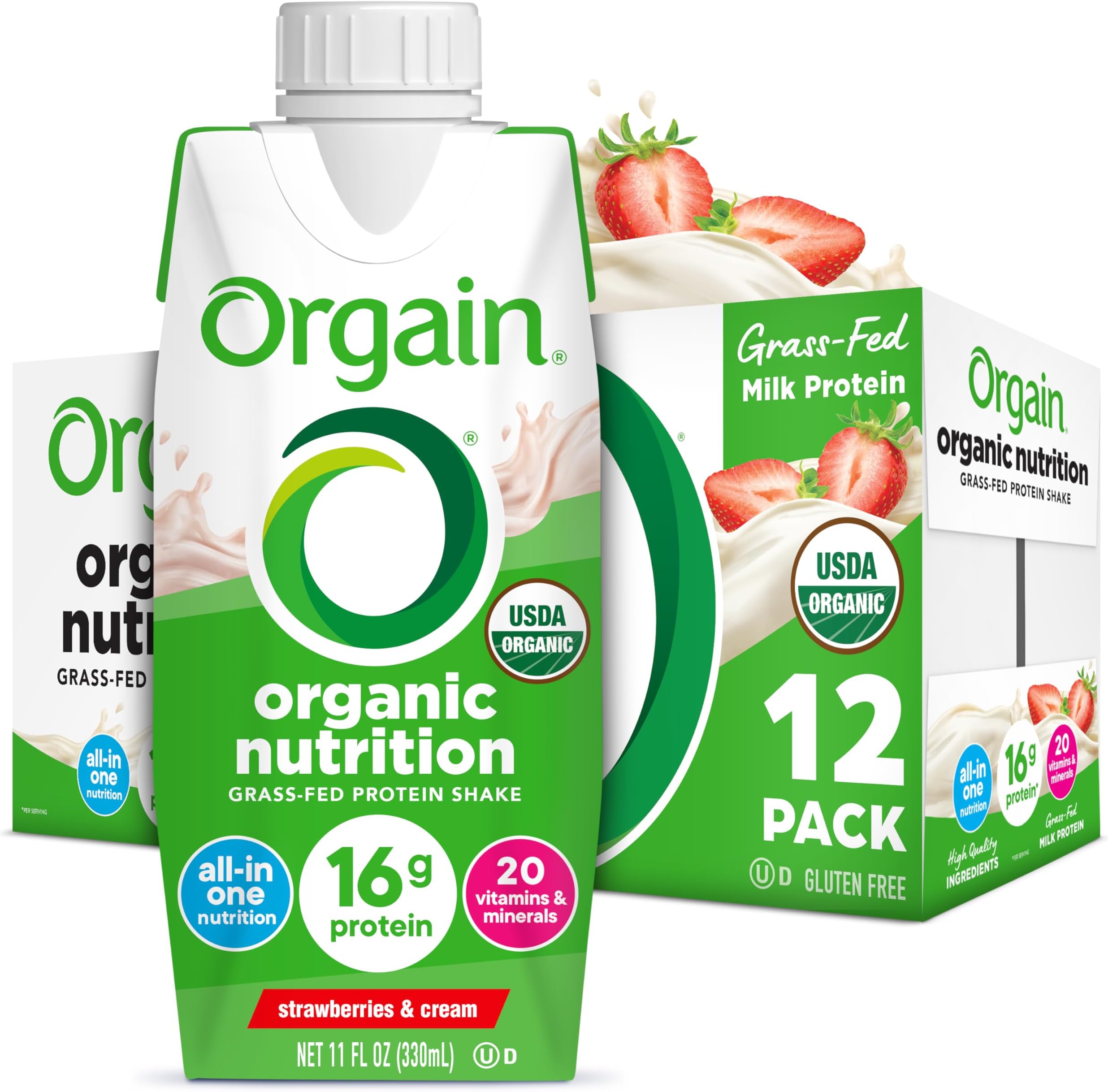 Orgain Organic Nutritional Protein Shake, Strawberries & Cream - 16g Grass Fed Whey Protein, Meal Replacement, 20 Vitamins & Minerals, Fruits & Vegetables, Gluten Free, Non-GMO, 11 Fl Oz (12 Pack)