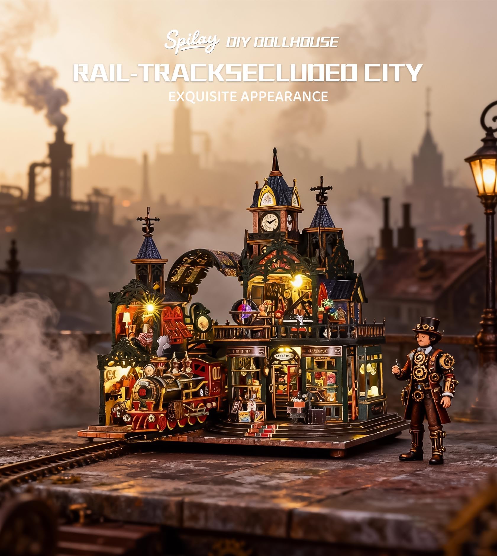 Spilay Miniatur Haus, Fantasy Uhrturmhaus Puppenhaus Holz | DIY Miniature House mit LED-Licht und Musikbox, 3D Puzzle für Erwachsene, Miniatur Bausatz, Regal Deko Geschenk