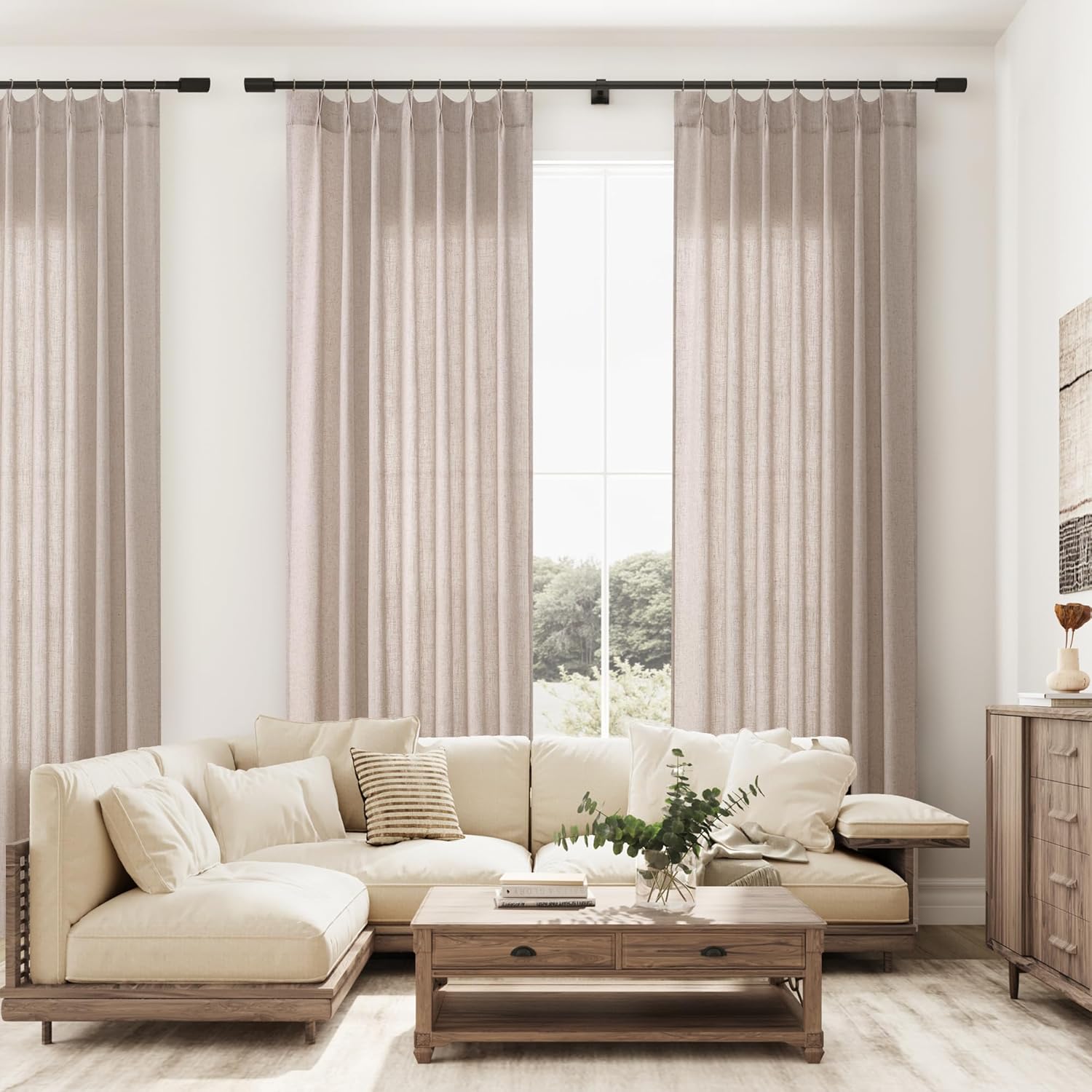 Oatmeal Beige Pleated Linen Curtains 84 Inch Length Curtains for Living Room Bedroom 2 Panel Cream Privacy Semi Sheer Window Curtain Light Filtering Boho Neutral Modern Farmhouse Drape 7 FT,40x84 Inch