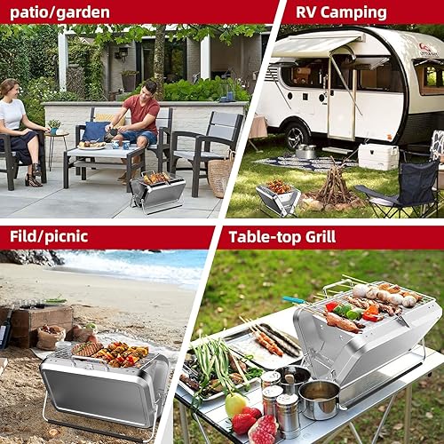 Miniatura 5 de COWEKAI Mini parrilla de carbón, mochila portátil de acero inoxidable, parrilla plegable de barbacoa para patio pequeño y patio trasero, accesorios
