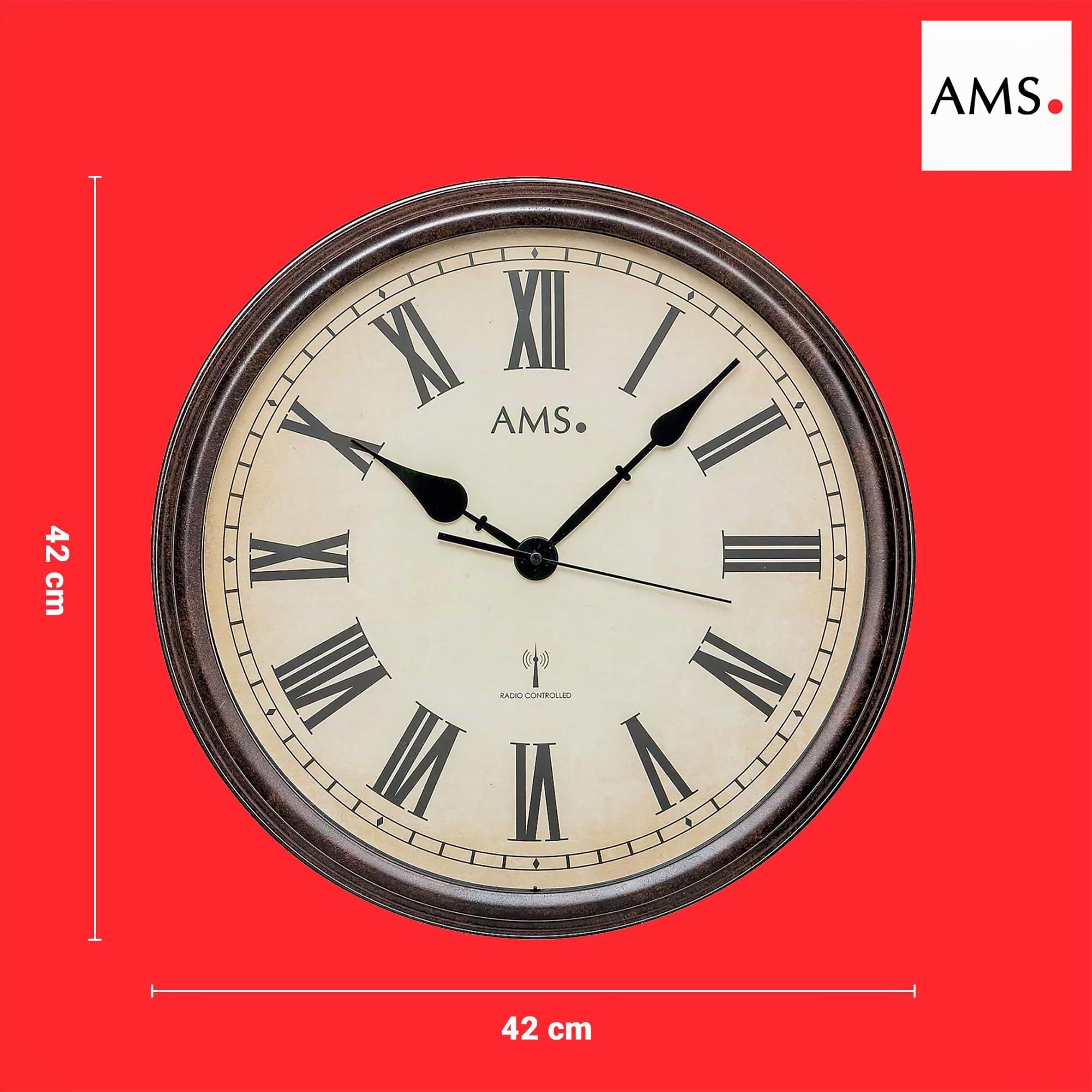 AMS 5977 Wanduhr 42 cm – geräuscharmes Funkwerk, Vintage Retro Funkwanduhr mit römischen Ziffern, analoge Funkuhr aus Acrylglas, große Wanduhr für Wohnzimmer, Küche, dekorative Uhr im Antik Design