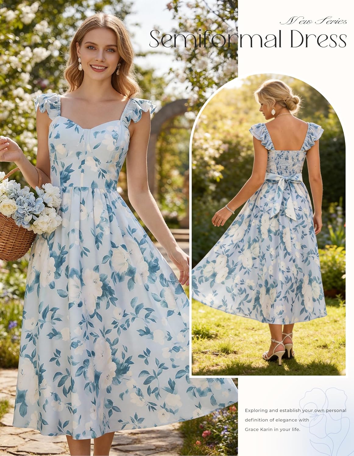 GRACE KARIN 2026 Women Summer Maxi Floral Corset Dress,Ruffle Sleeve Milkmaid Dresses, Wedding Guest Dresses with Pocket - Image 3