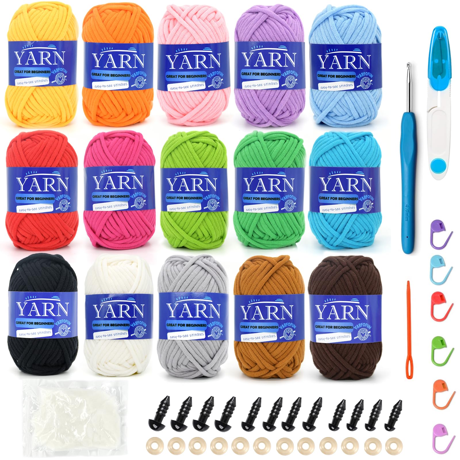 15 Pack Multi Mix Cotton Crochet Yarn - Beginner Friendly with Easy-to-See Stitches - Blue, Green, Pink, Red, Yellow, Orange