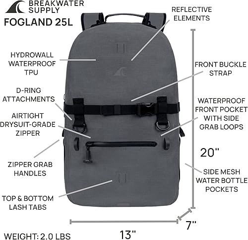 Miniatura 4 de Breakwater Supply Mochila sumergible 100% impermeable, bolsa para laptop, cremalleras herméticas Viajes al aire libre Fogland 25L 20L 15L