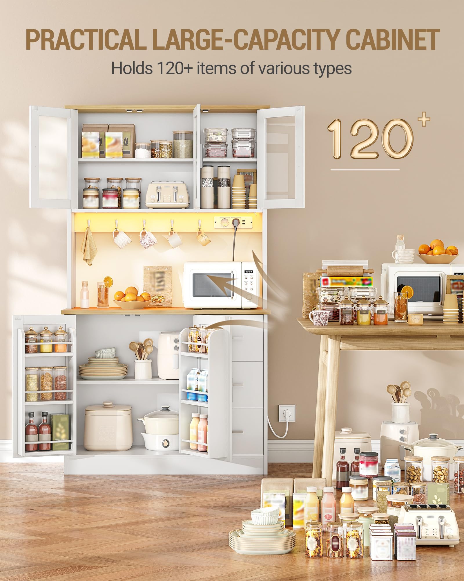 Hzuaneri Buffetschrank, Küchenschrank, mit 6-Stufigem Regal Hinter den Türen, 5 Schranktüren und 3 Schubladen, LED und Steckdosenleiste, Küche, Eiche-Weiß, 40 x 100 x 180 cm, PT10303XEU