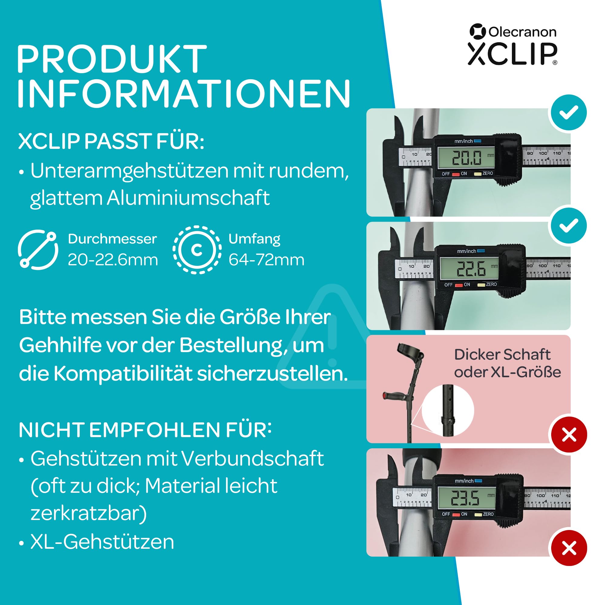 Unterarm Krückenhalter für Runde Gehstöcke, Halterung 64-72 mm | X-förmiges Design für Alltag und Reisen, leicht mitzunehmen, schnell zu befestigen und als Krücken zubehör griffbereit