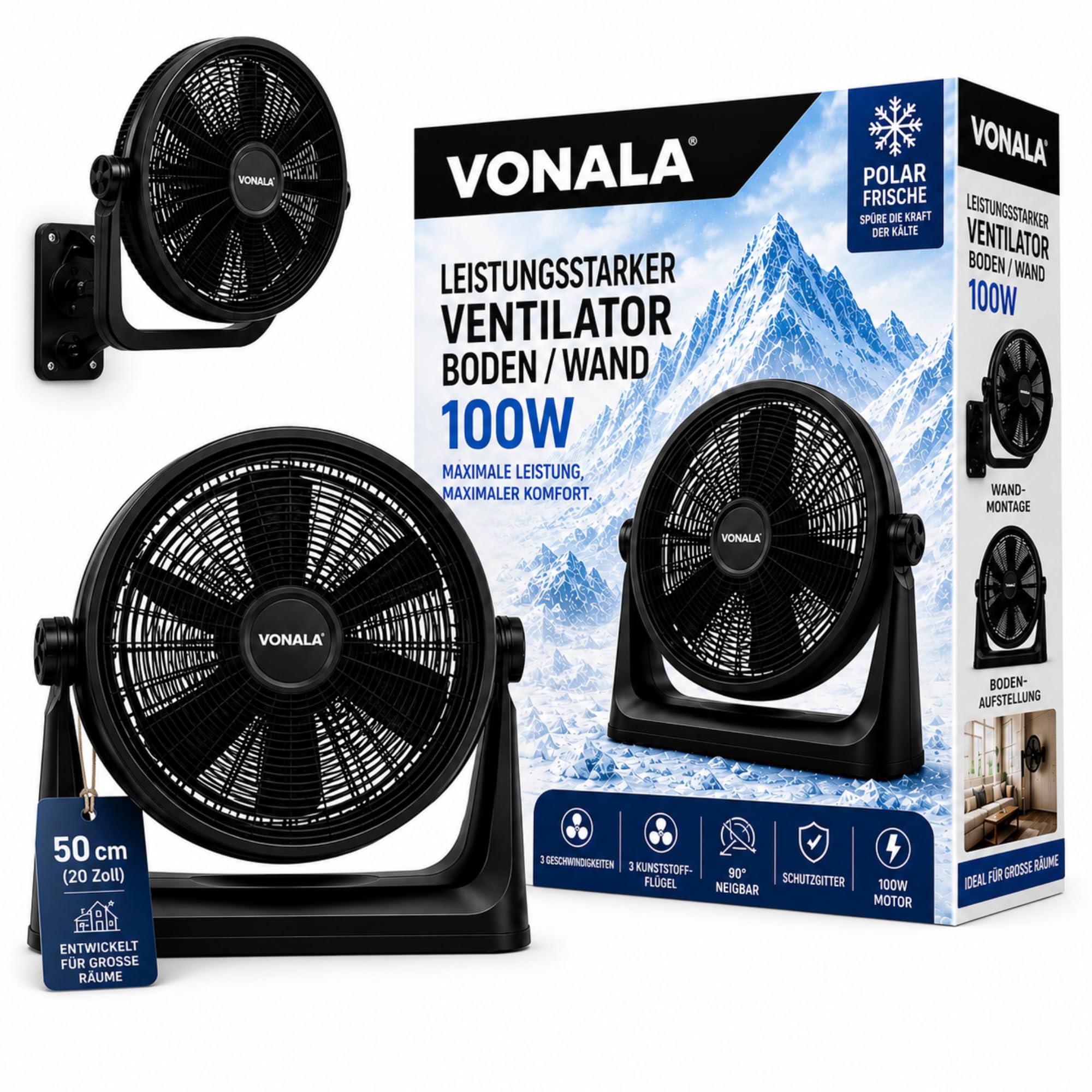 Vonala Ventilatore da pavimento e parete industriale, 100 W, potente 50 cm, silenzioso, ABS, antivibrazione, per esterni e interni, nero, potenti e silenziosi