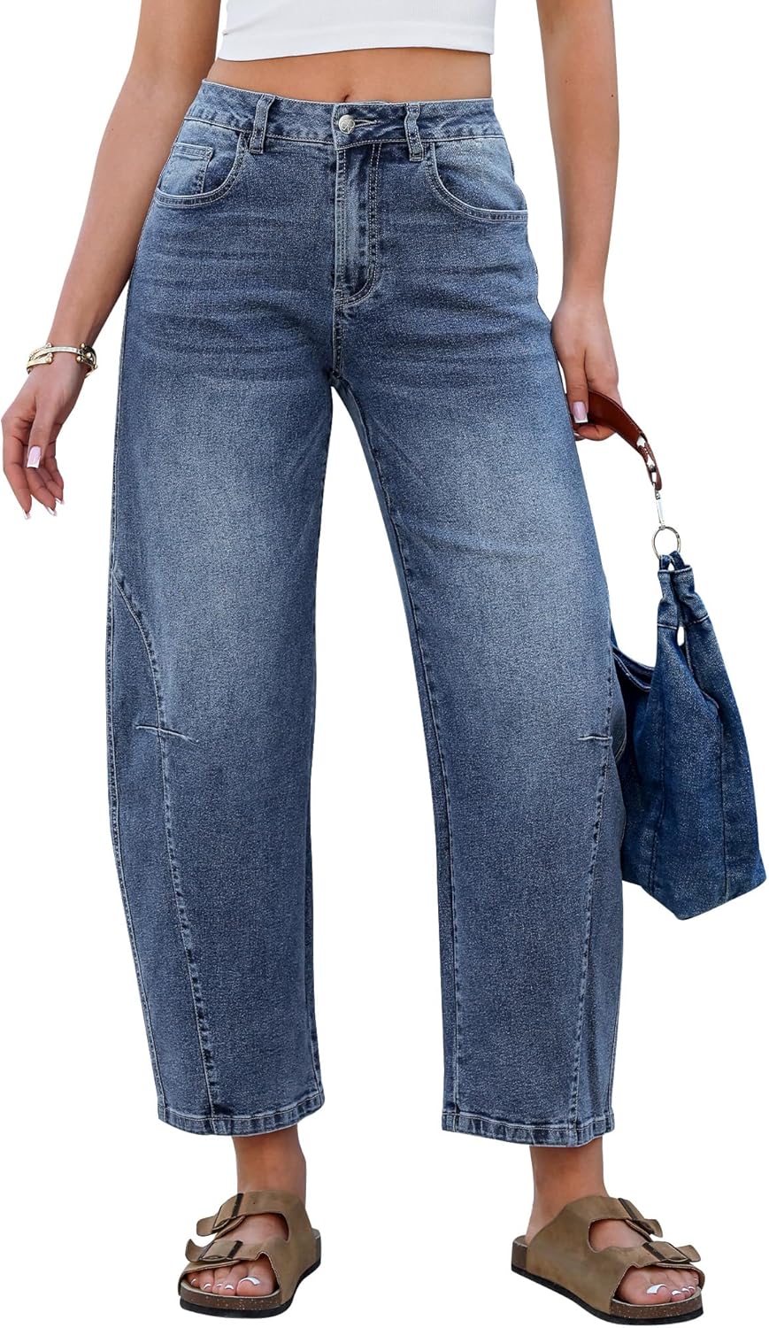 GRAPENT Barrel Jeans for Women Cropped Trendy High Waisted Baggy Side Seamed Casual Stretchy Denim Pants Wide Leg Jeans