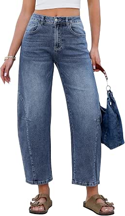 Grapent Women's Cropped High-Waisted Wide Leg Barrel Jeans