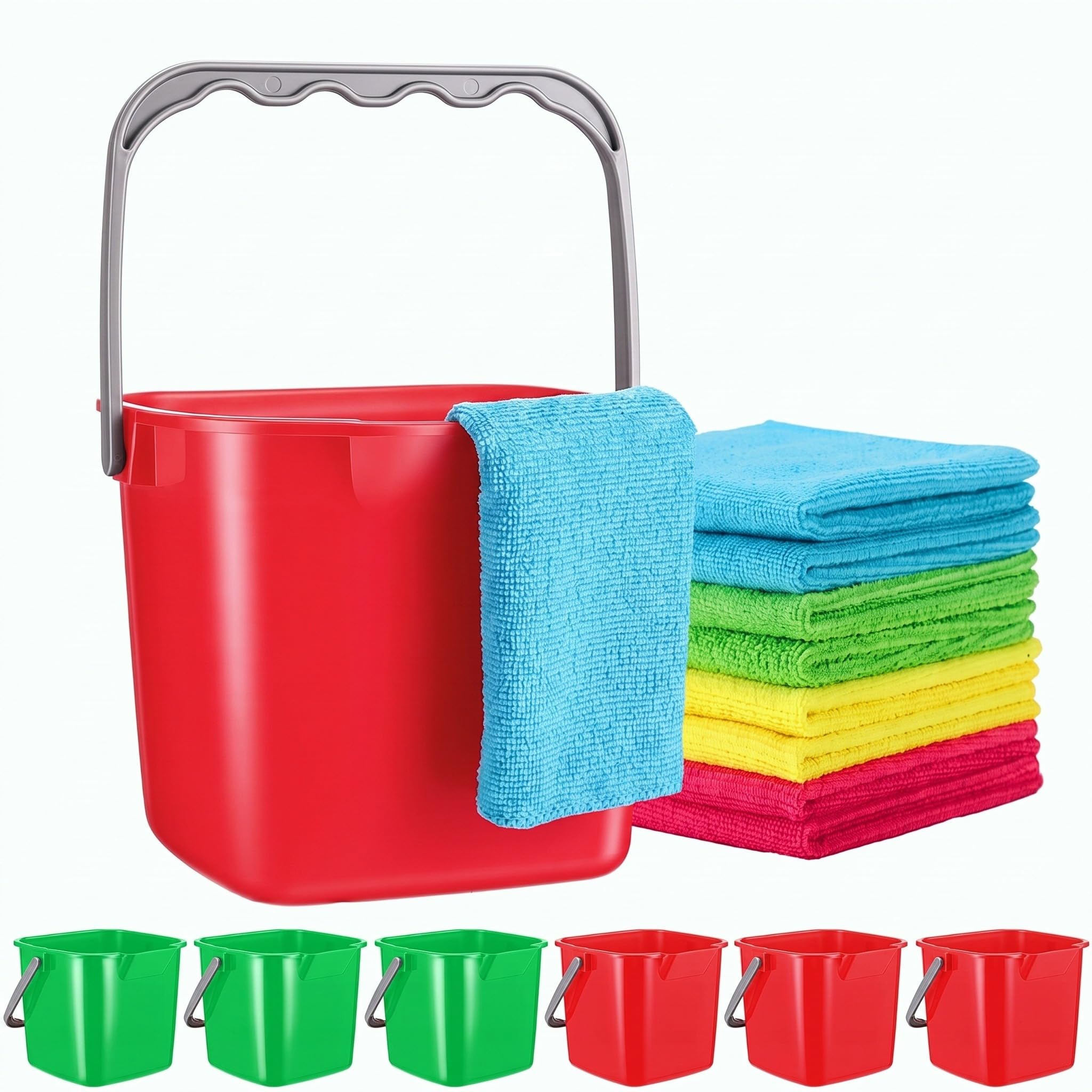 8 Pcs 3 Qt Square Sanitizing Cleaning Red Green Bucket with Cleaning Cloths
