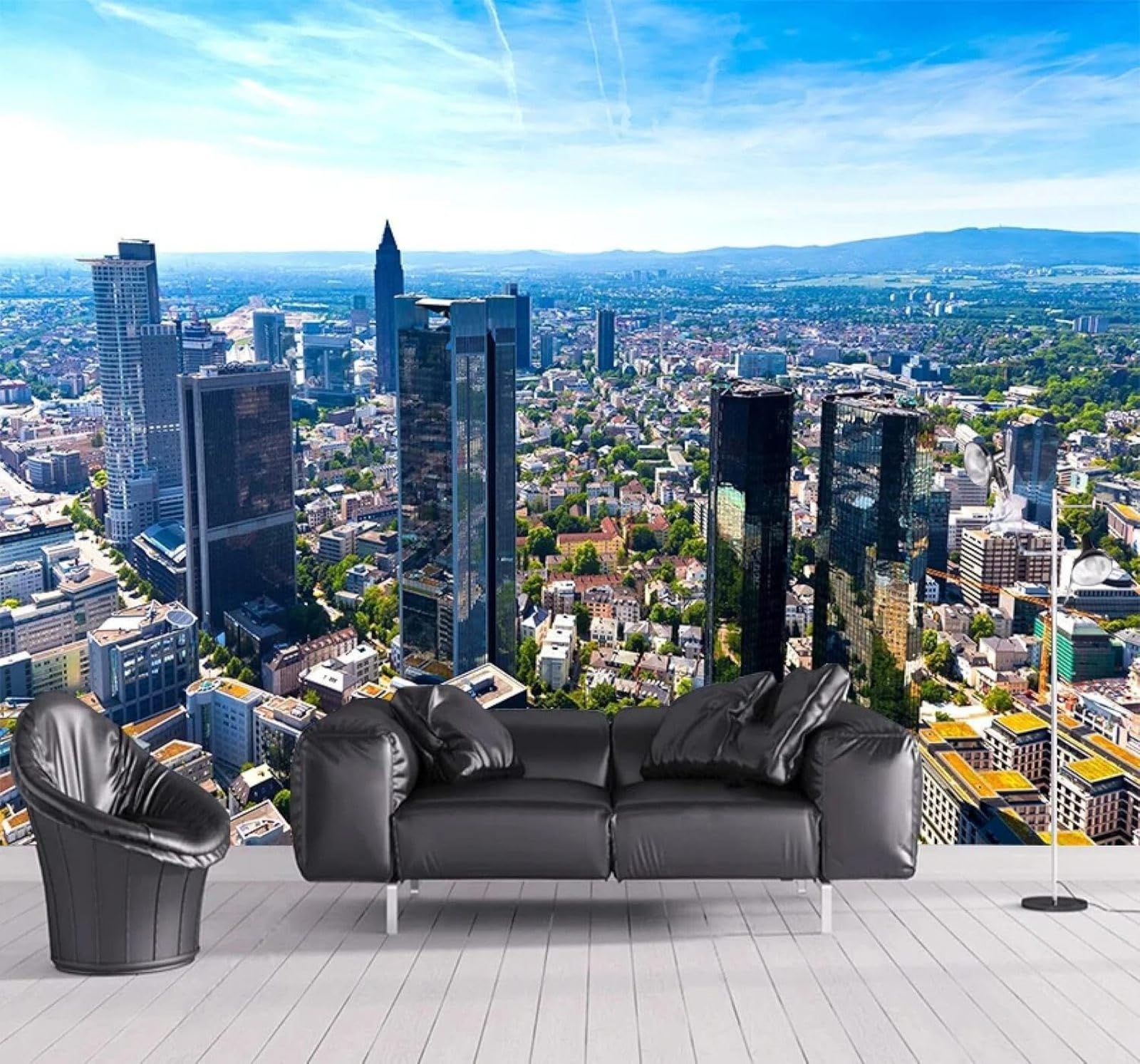 Papier peint 3D bleu ciel ville moderne en soie texturée haut de gamme - 300x210 cm
