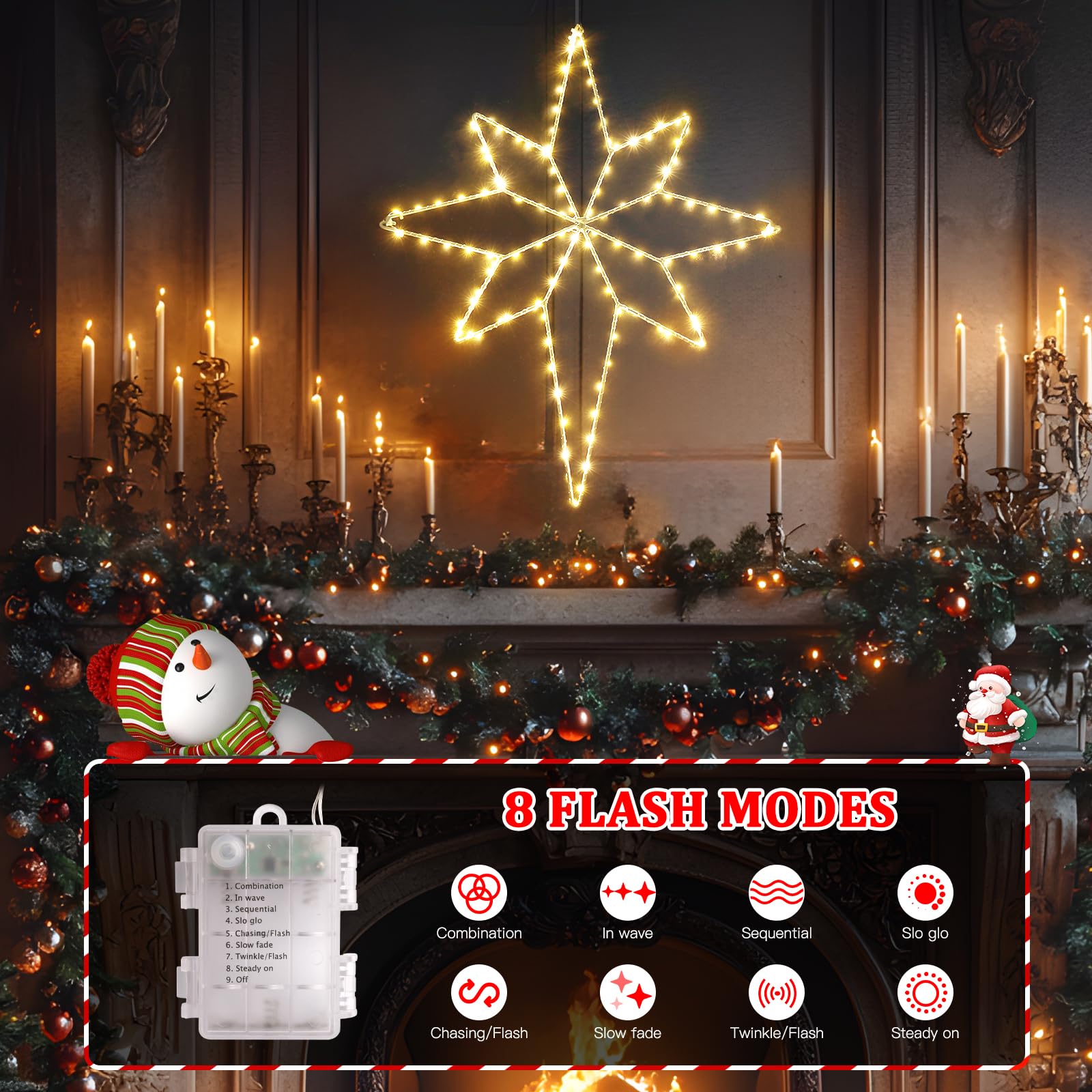 Quntis Confezione da 2 luci a stella di Natale pieghevole, 58 cm Big Star 236 LED decorazione per finestra con batteria gancio per timer, IP44 decorazione natalizia per interni esterni bianco caldo