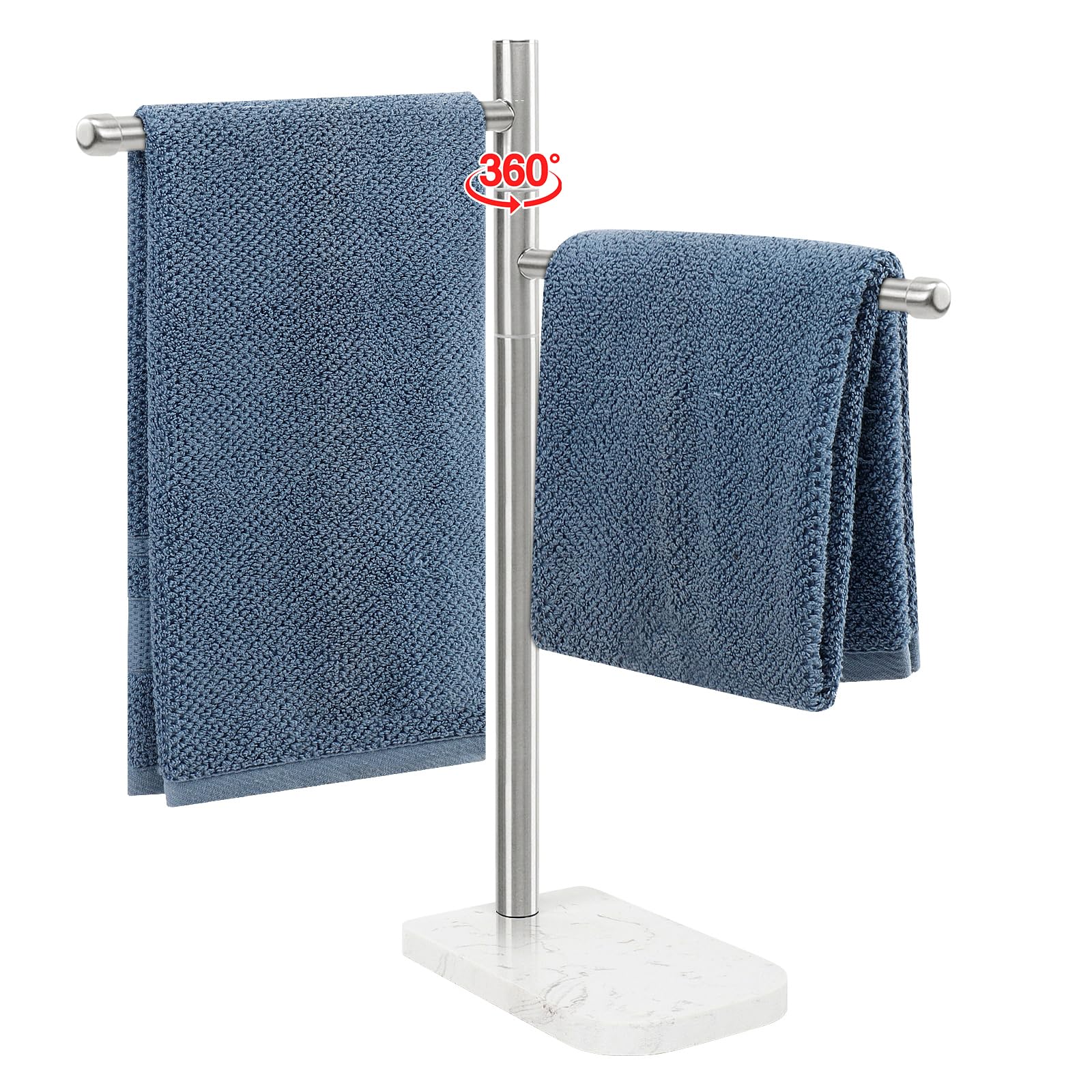 Hand Towel Holder, F-Shape Hand Towel Stand with Marble Base, Stainless Steel Swivel Hand Towel Rack Standing Towel Bar for Bathroom Kitchen Countertop, 2 Arms (Brushed Nickel)