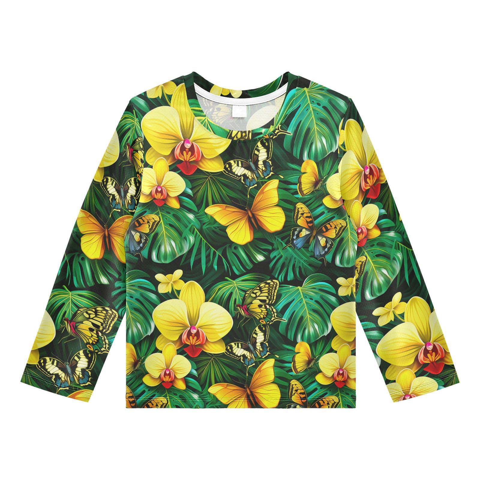 DOMIKING Butterfly Monstera Leaves Black Boys Long Sleeve Rashguard Shirt Kids Quick Dry Swim Shirt for Kids Toddler 11-12T