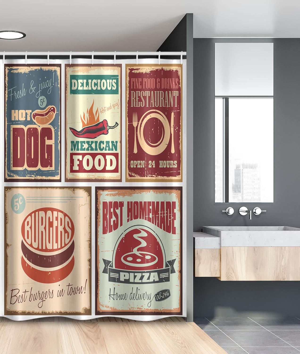 Ambesonne Retro Stall Shower Curtain, Nostalgic Tin Signs Mexican Food Prints Aged Advertising Logo Style Design, Fabric Bathroom Decor Set with Hooks, 54" W x 78" L, White Burgundy Multicolor