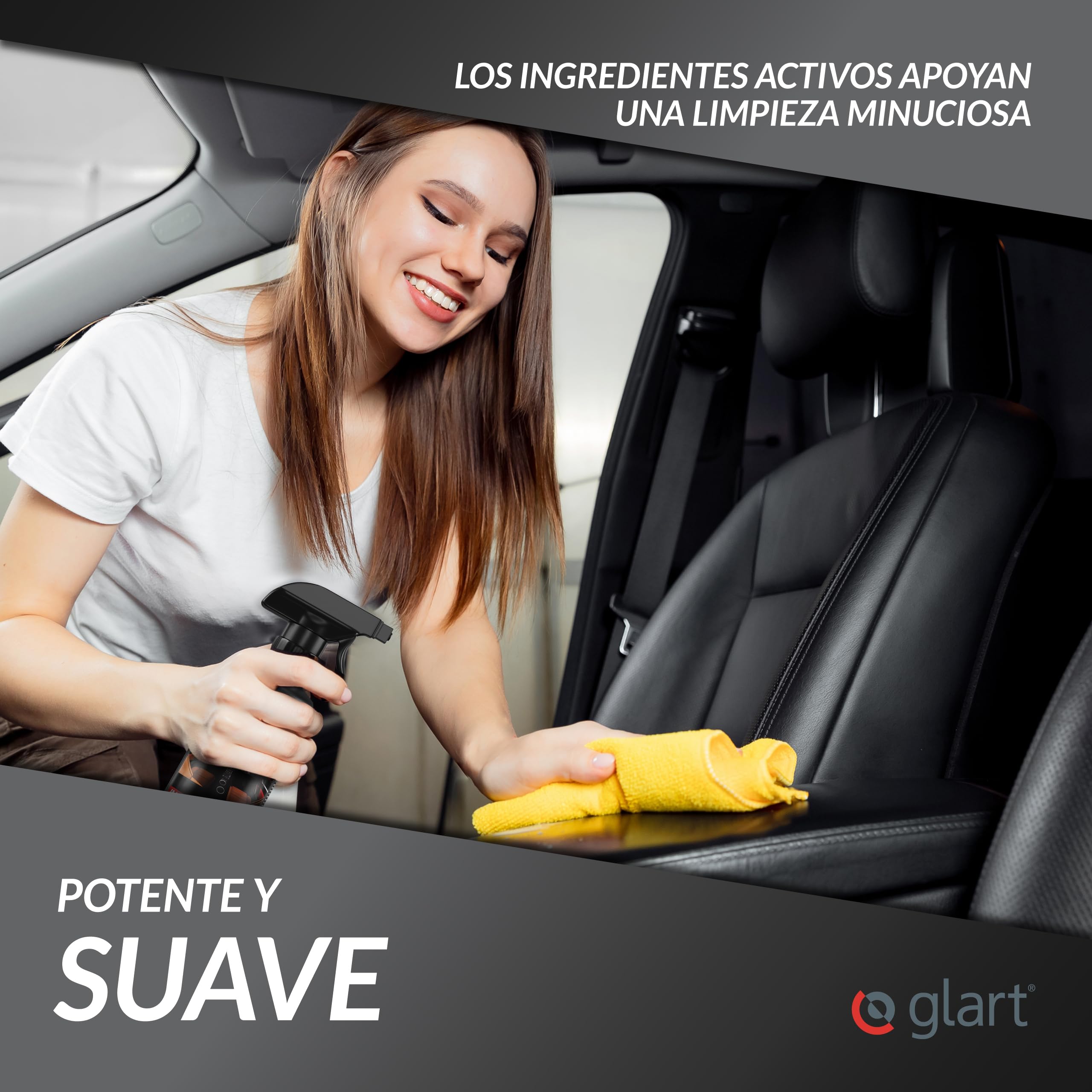 Glart 3x limpiador interior de coche 500 ml + 3 paños de microfibra para el habitáculo del coche, tapicería, cuero, limpiador interior, cuidado del coche
